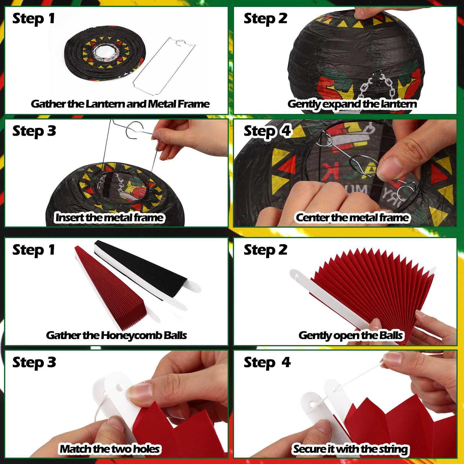 18 Pcs Black History Month Party Hanging Decoration Black Red Green Yellow Hanging Paper Lanterns Round Honeycomb Ball Paper Fan