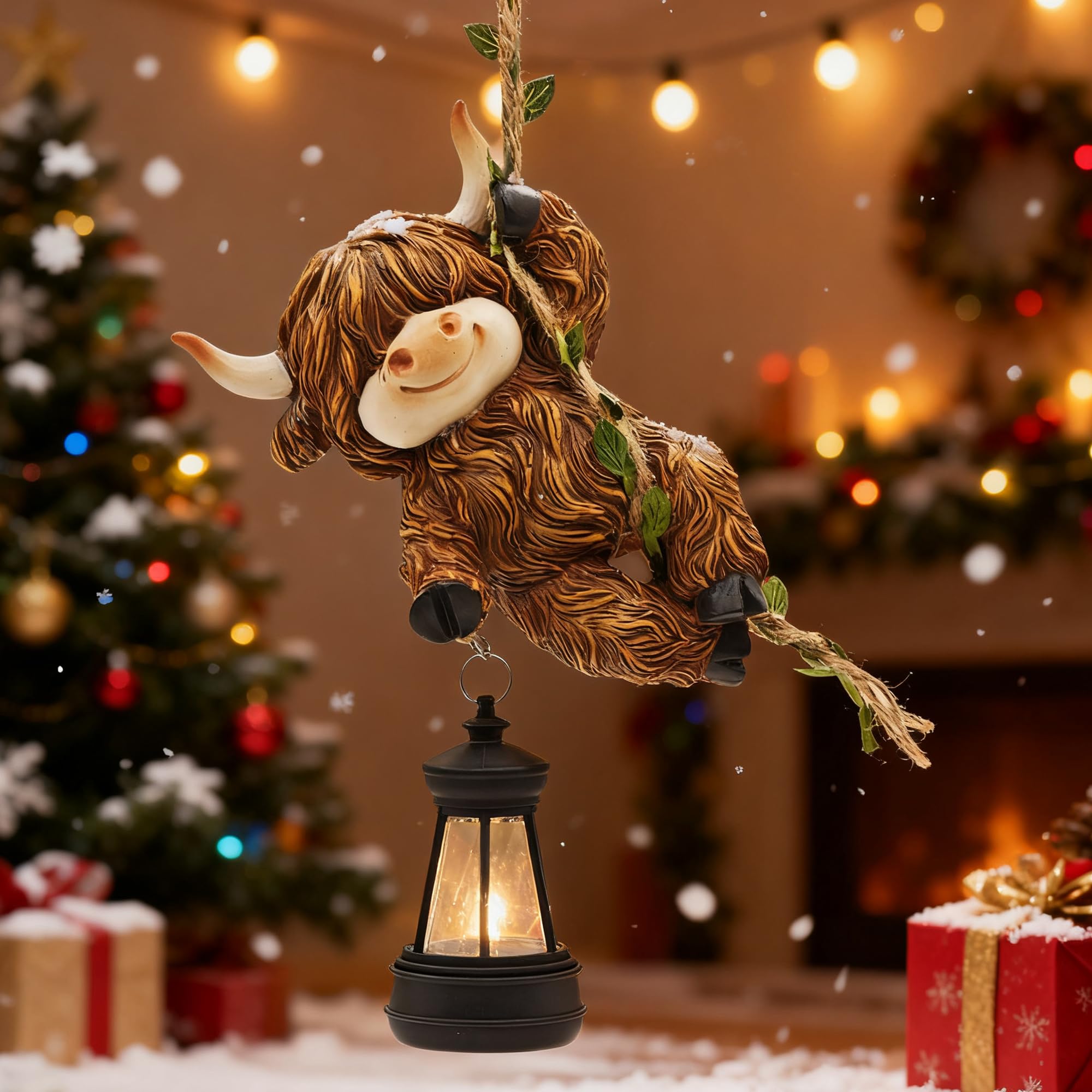 Cffownug Hanging Christmas Highland Cow Decor: Garden Cow Statues With Solar Lantern Tree Decorations For Outdoor Yard Lawn Patio Porch Ideal Gardening Gifts For Mom Grandma Women