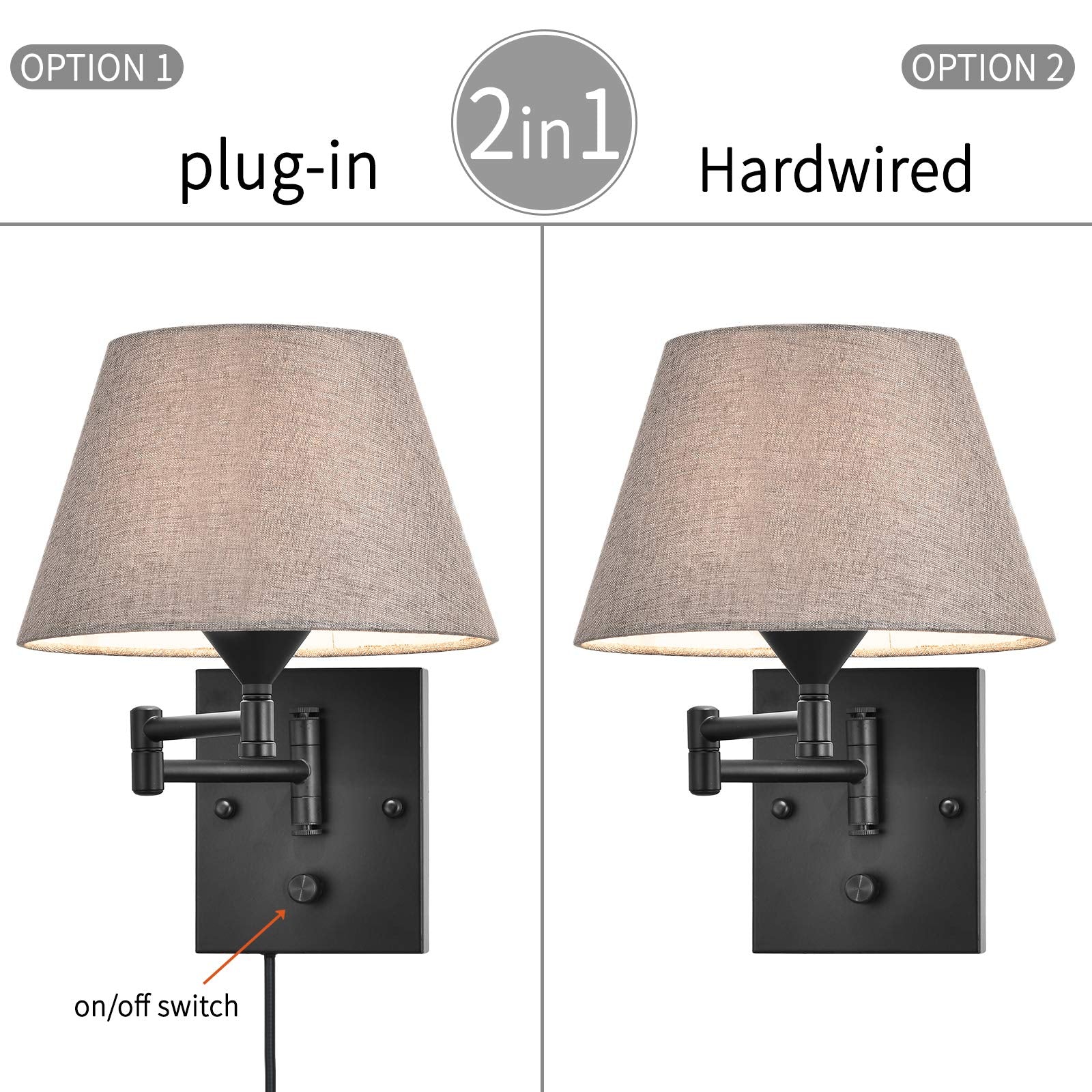 Pauwer Plug In Wall Sconce Set Of 2, Swing Arm Lamp, Gray Fabric Shade, Metal, Ideal For Bedroom, Hallway, Living Room