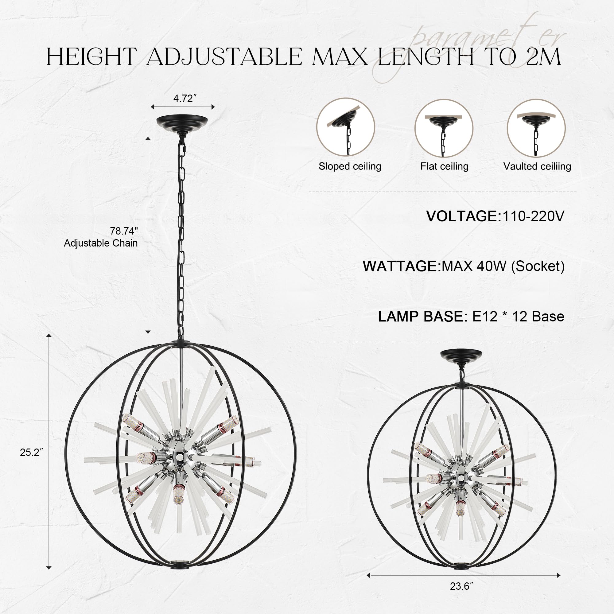 TACDANDM 16-Light Globe Sputnik Chandelier, 31.5" Black Chrome, Adjustable Hanging Ceiling Light for Entryway, Dining, Living Room