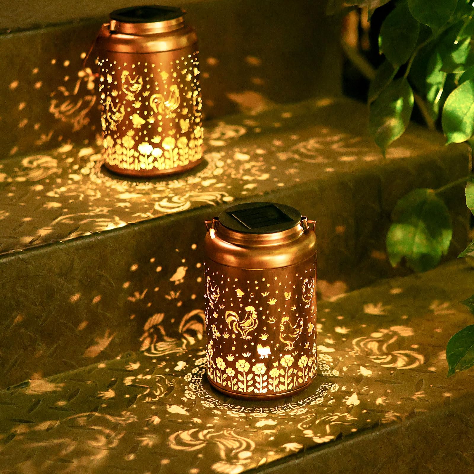 2Pack Chicken Solar Lanterns Outdoor Hanging Waterproof Solar Lights Gifts For Women Mom Grandma Outside Led Light Metal Lantern Decoration For Garden Decor  Porch  Lawn Yard  Patio Backyard