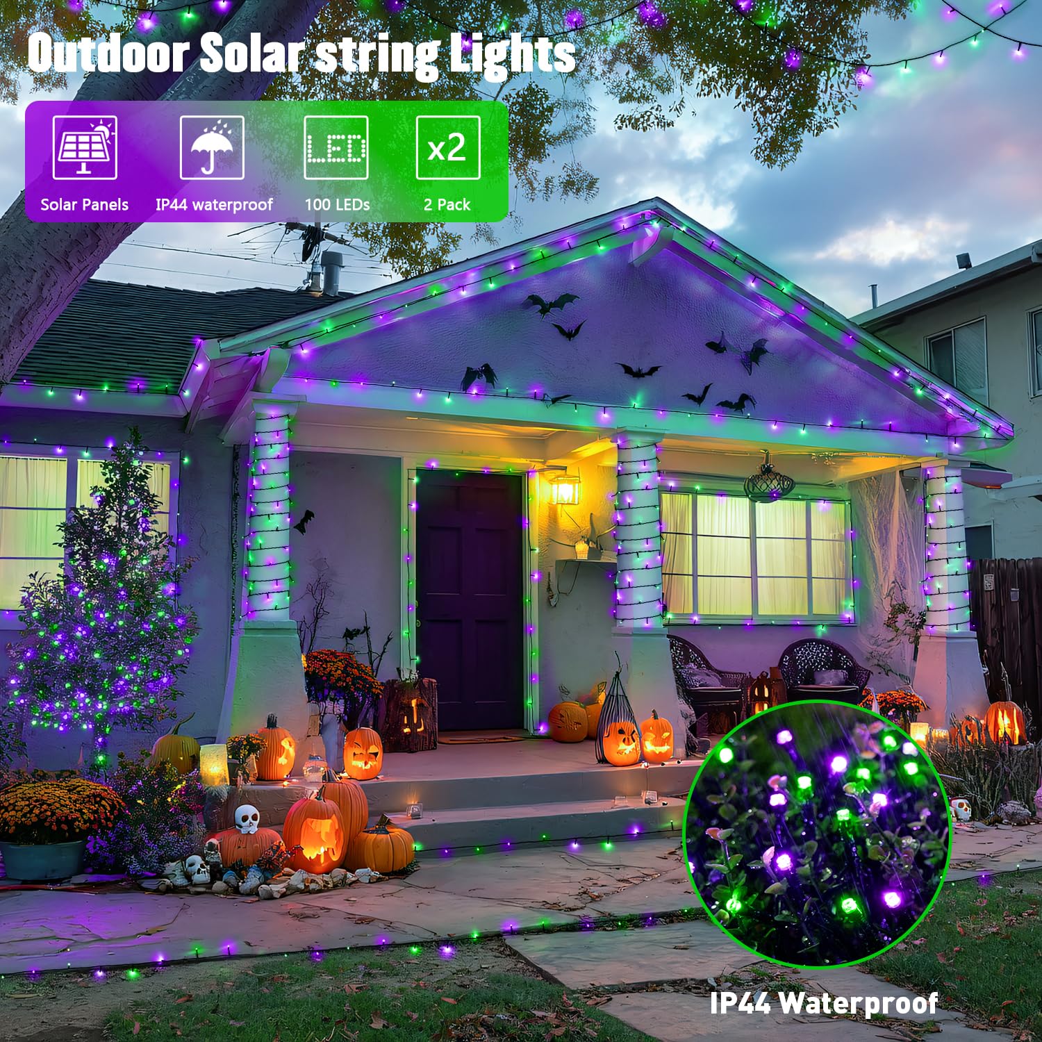 JMEXSUSS Solar Halloween Lights, 66 FT 200 LED, Purple and Green, Waterproof Outdoor Decor, Model JM-S-100, 2 Pack