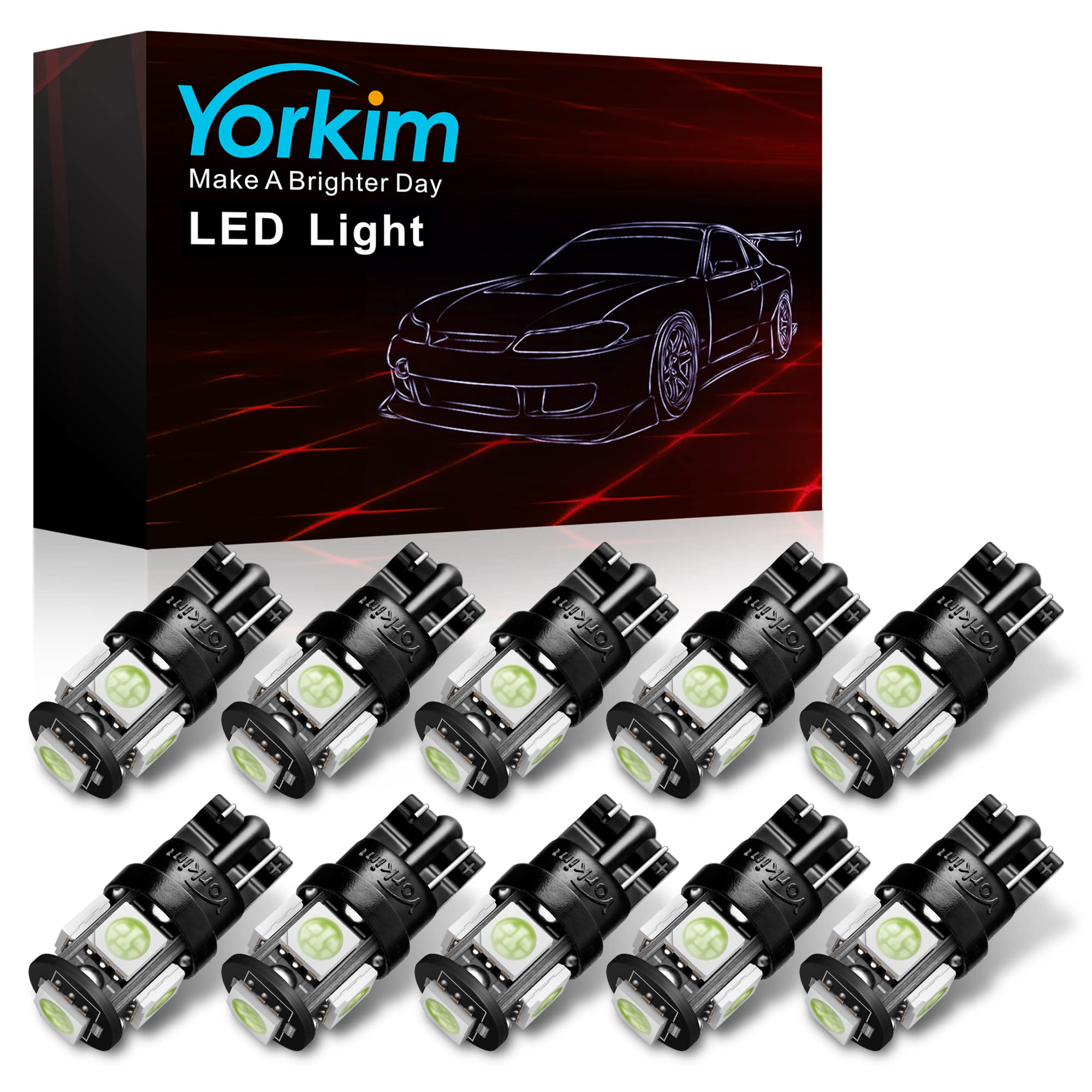 Yorkim T10 LED Bulbs 194 Ice Blue Super Bright 5th Gen for Car Interior Dome Map Door Lights, Pack of 10