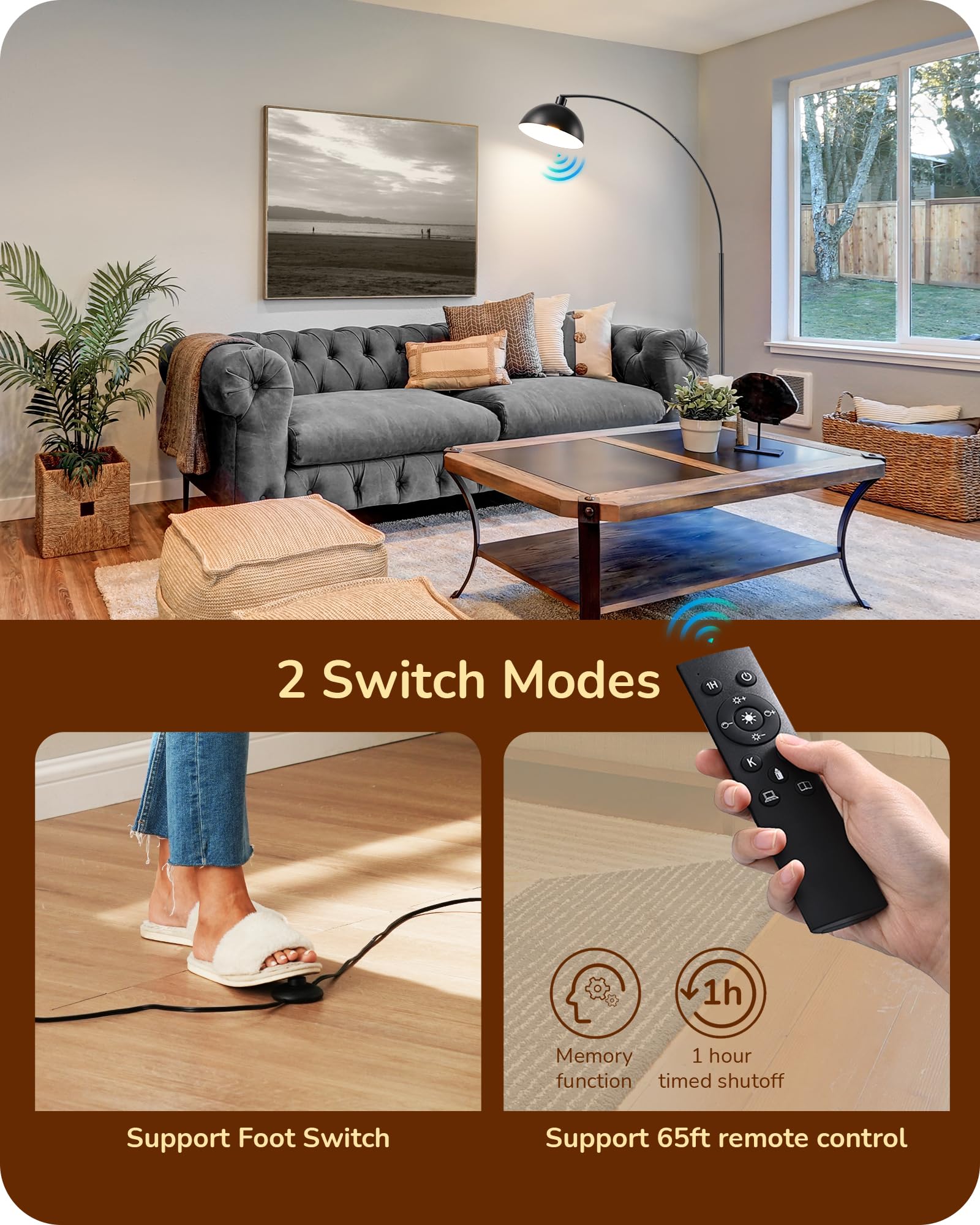 Edishine Modern Arc Floor Lamp, 78.3'' Mid Century Reading Lamps Over Chair With Remote & Foot Switch, Rotatable Lamp Head, Meta