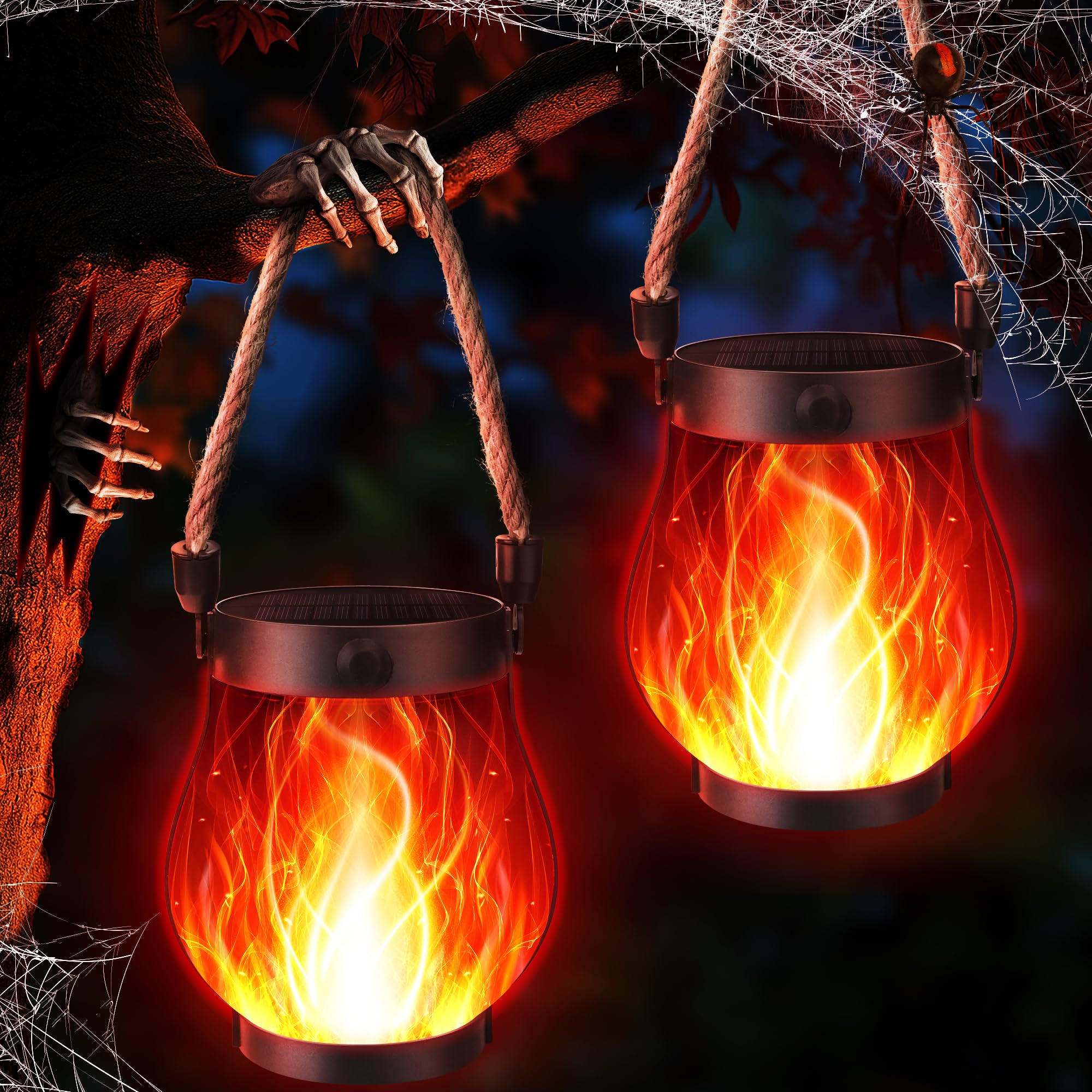 Ibaycon 2 Pack Solar Lanterns Lights  Halloween Flickering Flame Garden Lights With 2 Modes Dual Charging Usb & Solar  Outdoor Waterproof Hanging Lantern For Party Holiday Halloween Decor (Red)