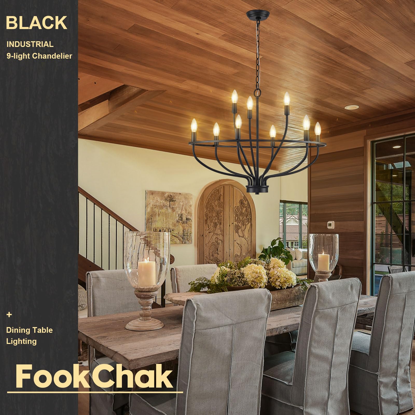 Fookchak 9-Light Black Chandelier Light Fixture Classic Candle Chandelier Lighting Over Table For Dining Room Living Room Bedroom Foyer Kitchen Island, 28.54In, E12