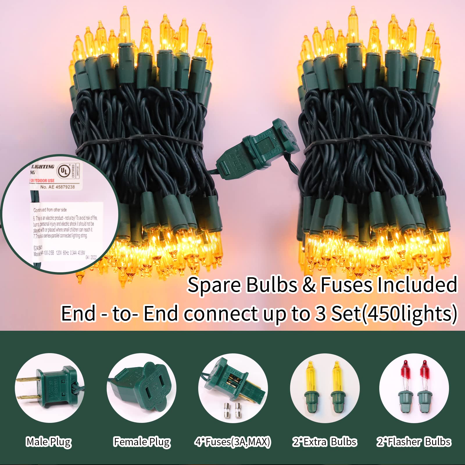 Lamphome Super-Bright Extendable Yellow Christmas Lights Decoration 150Lights 31.9Ft Ul Certified Mini Bulb String Light Set For Outdoor Christmas Tree Garden Holiday Party Patio Wedding Garland Decor