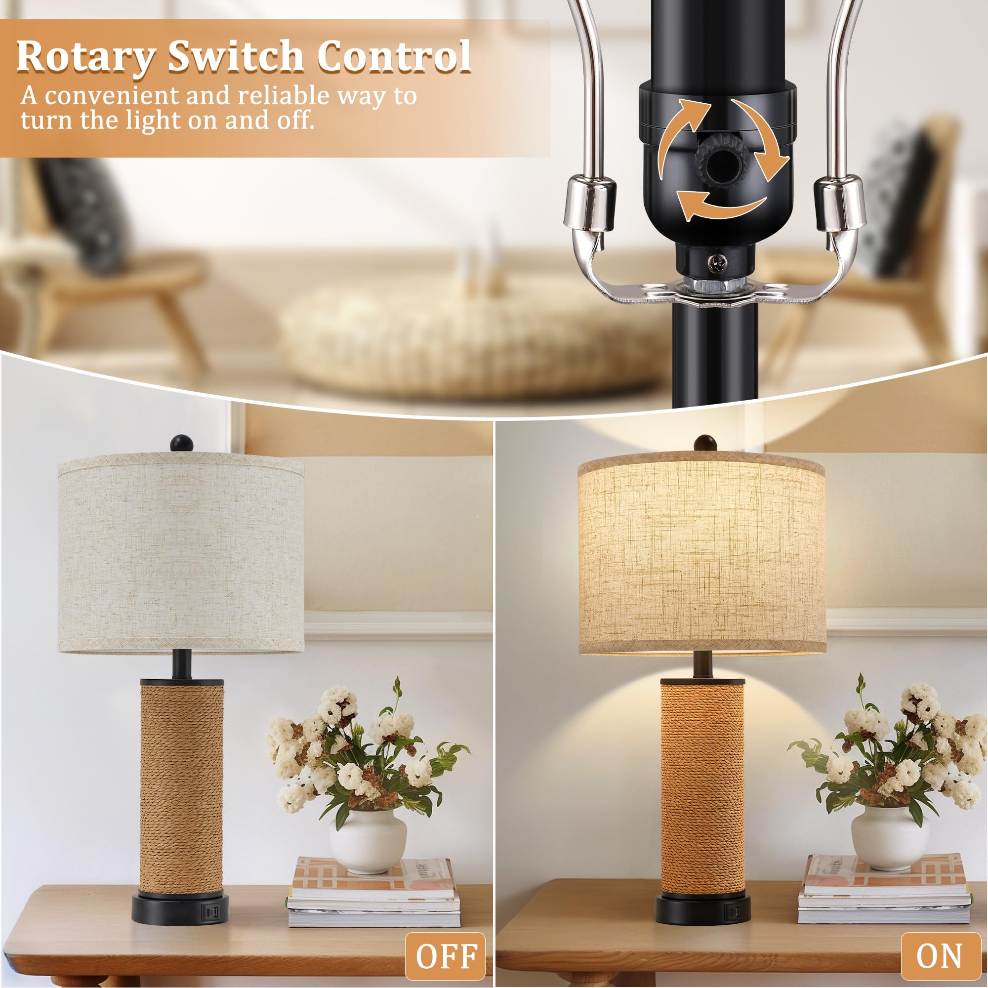 Set Of 2 Rattan Table Lamps For Living Room With Usb C+A Ports, 3 Color Temperature Nightstand Bedside Lamp Rocker Switch Coasta