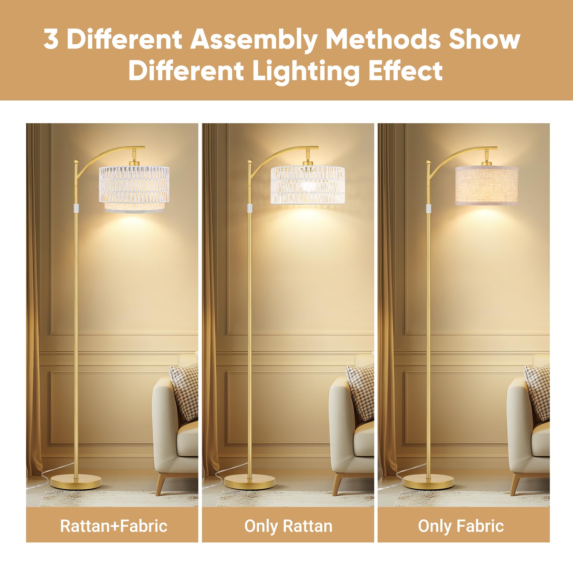 ROTTOGOON Rattan Floor Lamp - 72" Gold & White Arc Lamp with Linen Shades, 9W Bulb, Foot Switch, Model ROFP100BJ1