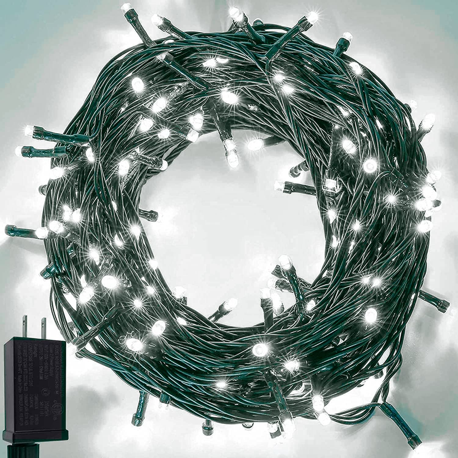 YIQU Upgraded 33FT 100 LED Christmas String Lights Outdoor Indoor, Extendable Green Wire Waterproof Fairy Lights with Memory Fun
