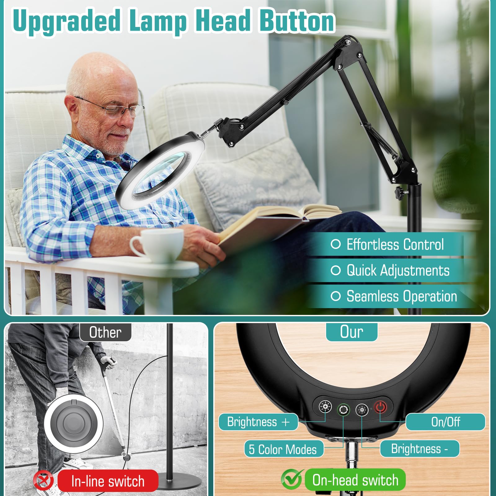 Ivmaie 10X Magnifying Floor Lamp With Light And Stand, 3-In-1 Adjustable Swivel Arm Led Magnifier, Black