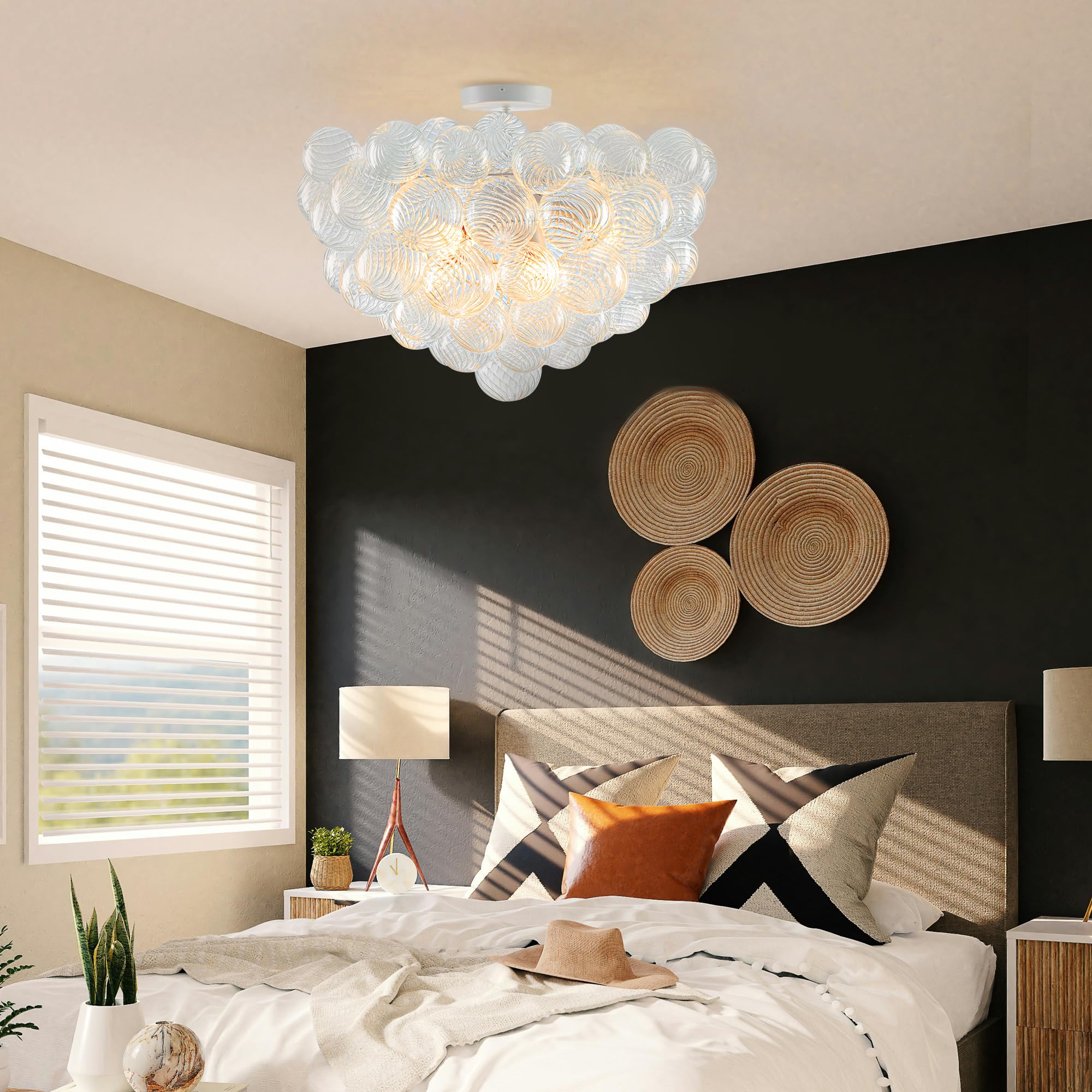 Beypan Bubble Glass Ball Chandelier White Finish 24'' Dia Semi-Flush Mount Ceiling Lights Clear Ribbed Blown Glass Globe Chandel