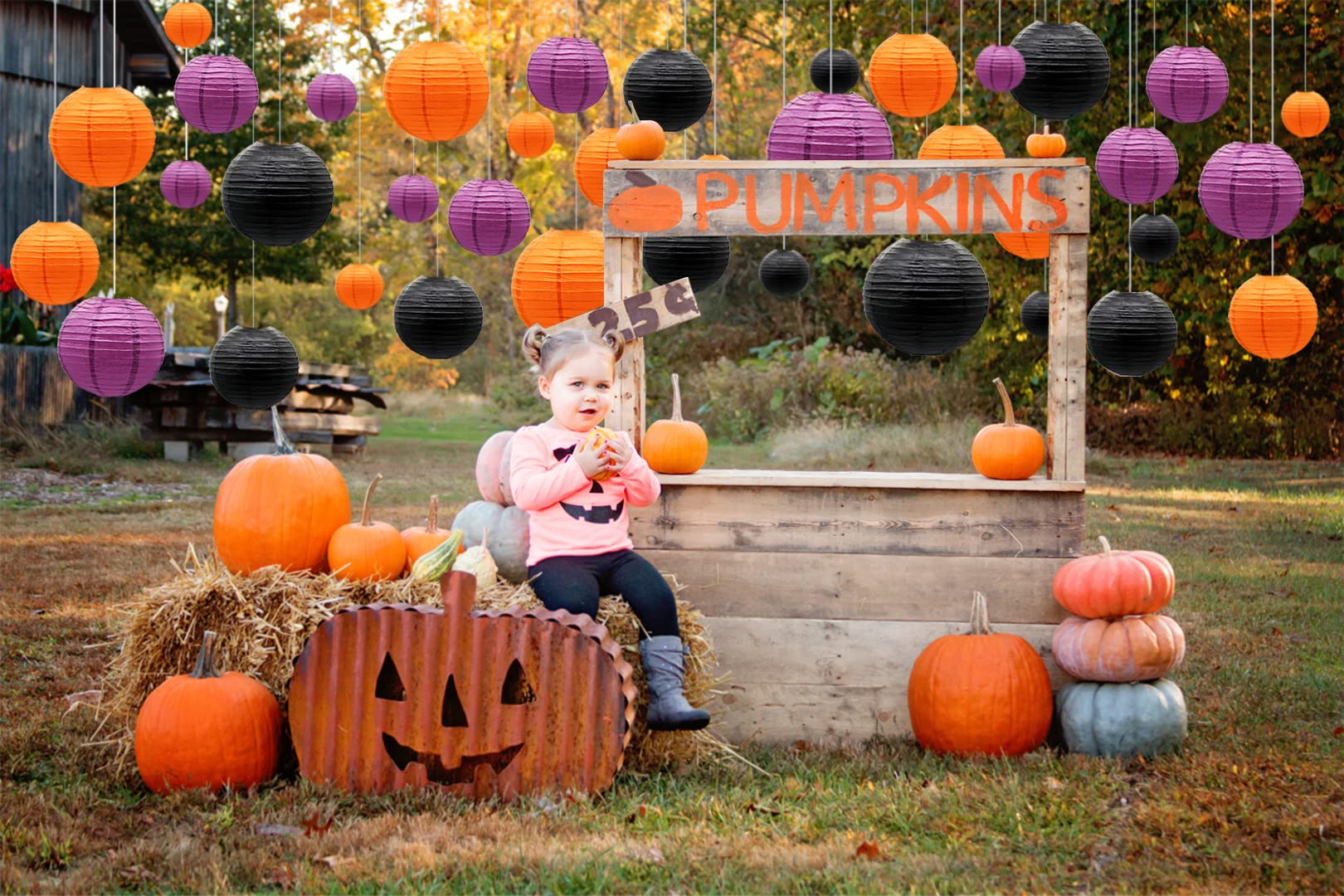 Adlkgg Paper Lanterns - 21Pcs Orange, Purple & Black Round Hanging Decorations For Graduation, Halloween, Thanksgiving, Birthday Parties