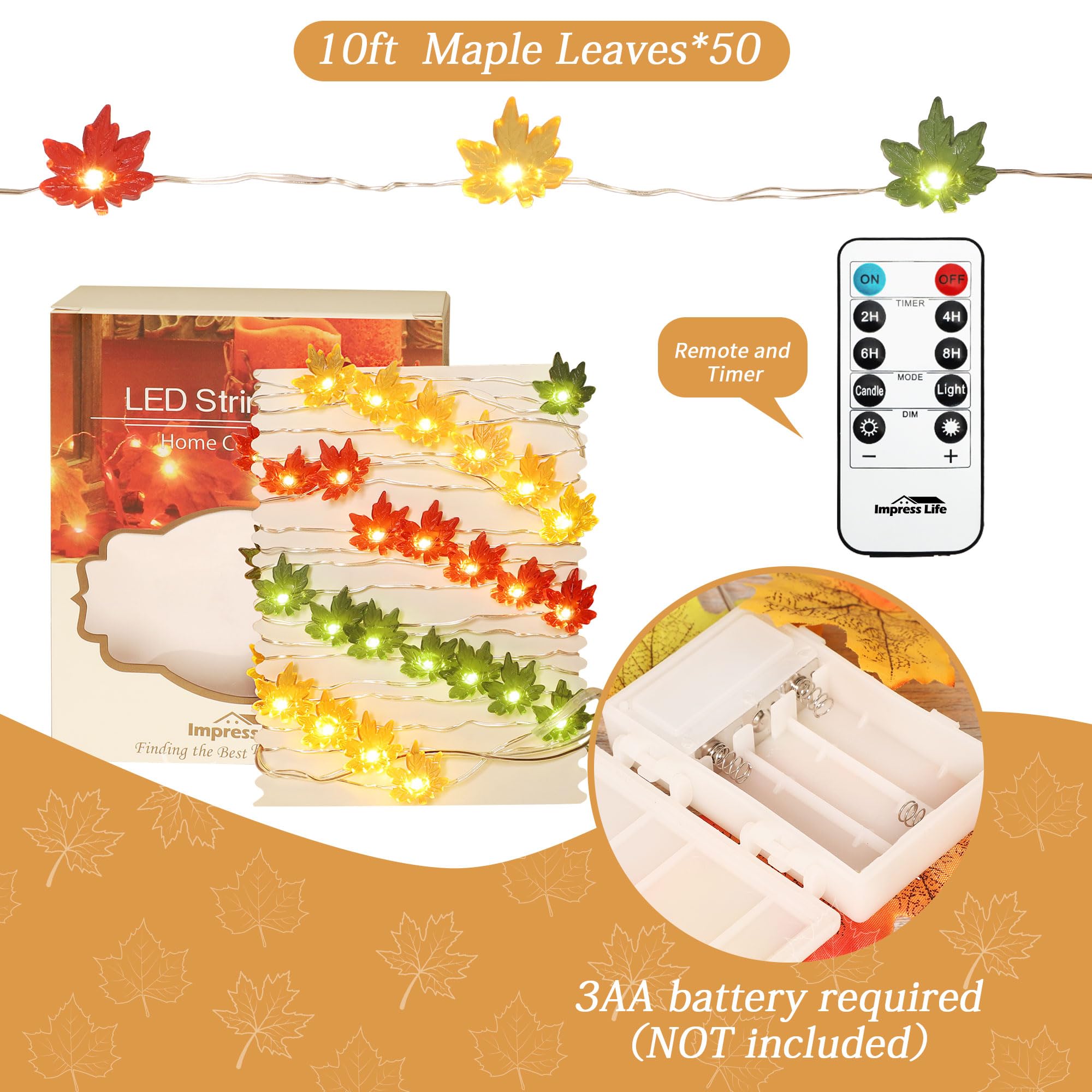 Impress Life Decorating String Lights, 10Ft 40Led Maple Leaf Fairy Light, Battery & Usb Operated With Remote For Harvest, Seasonal Ornaments, Porch, Garlands, Centerpiece Decorations