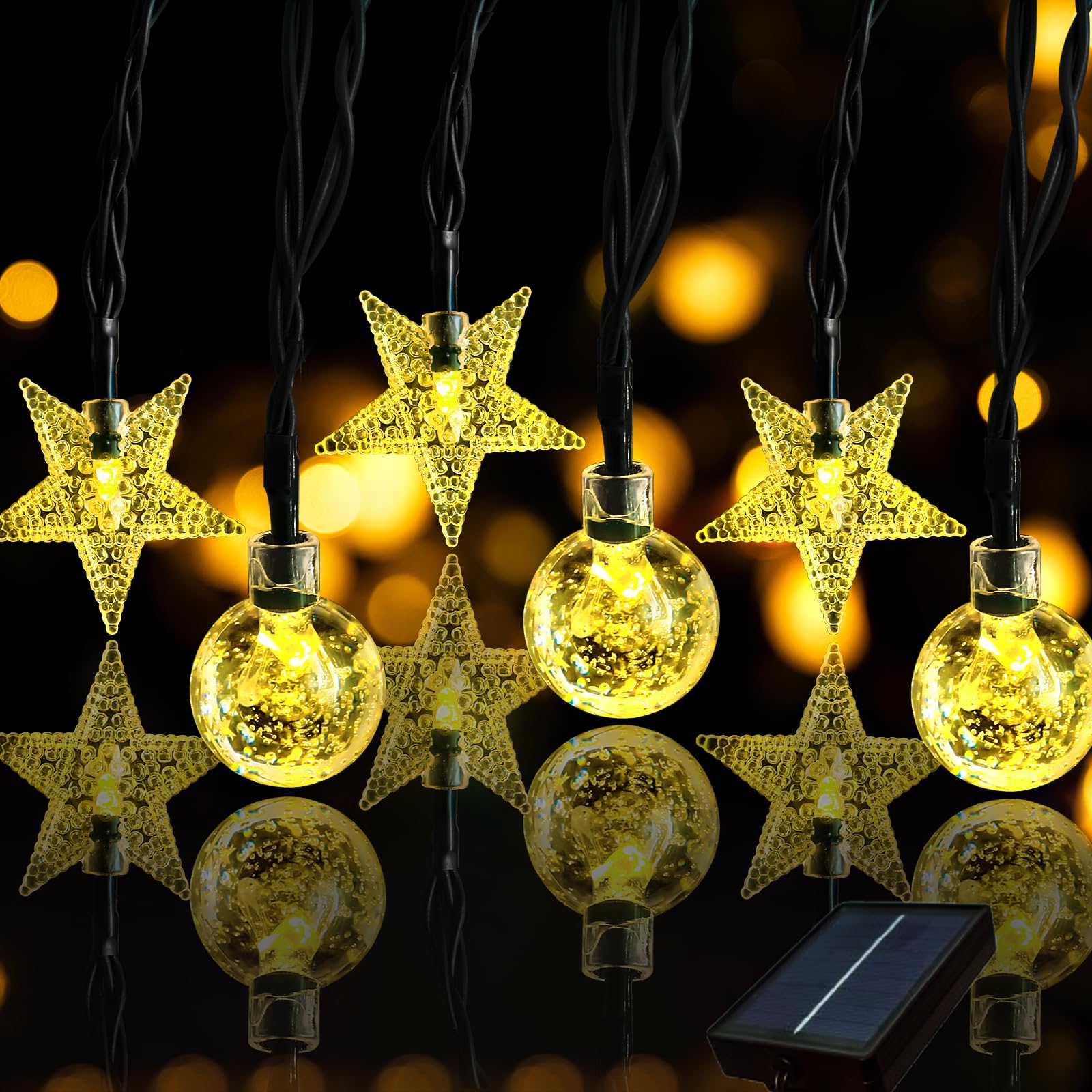 Evicyego Solar String Lights Outside with 50LED Fairy Stars and Crystal Globes, Solar Twinkle Star Lights String, 32Ft Solar Glo