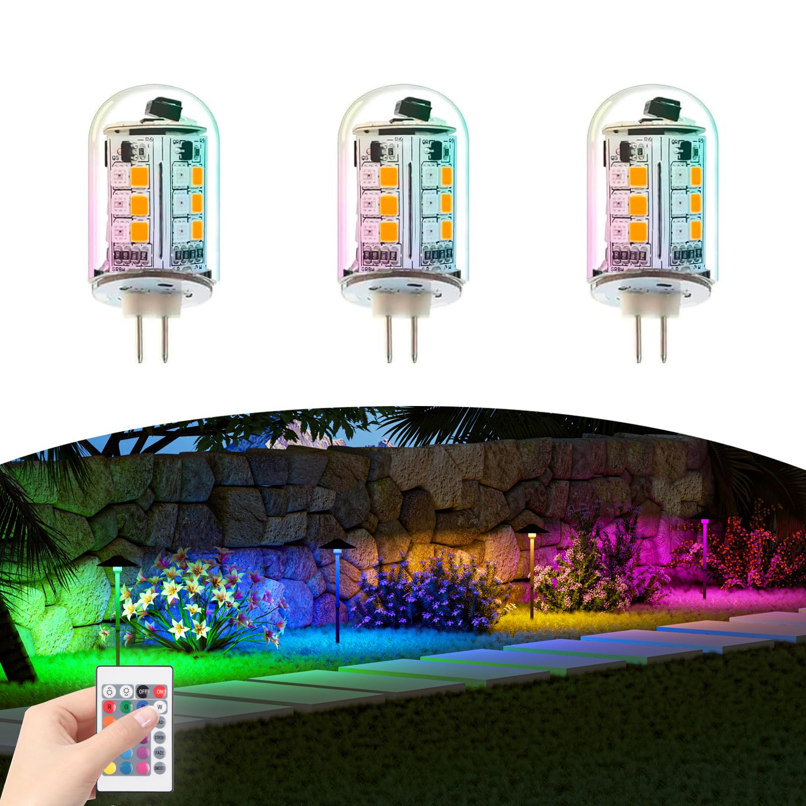 Makergroup RGB T3 G4 Bi-pin LED Bulbs, 12V Color Changing, Warm White + 15 Multicolors, Dimmable, Weatherproof, 3 Pack, G