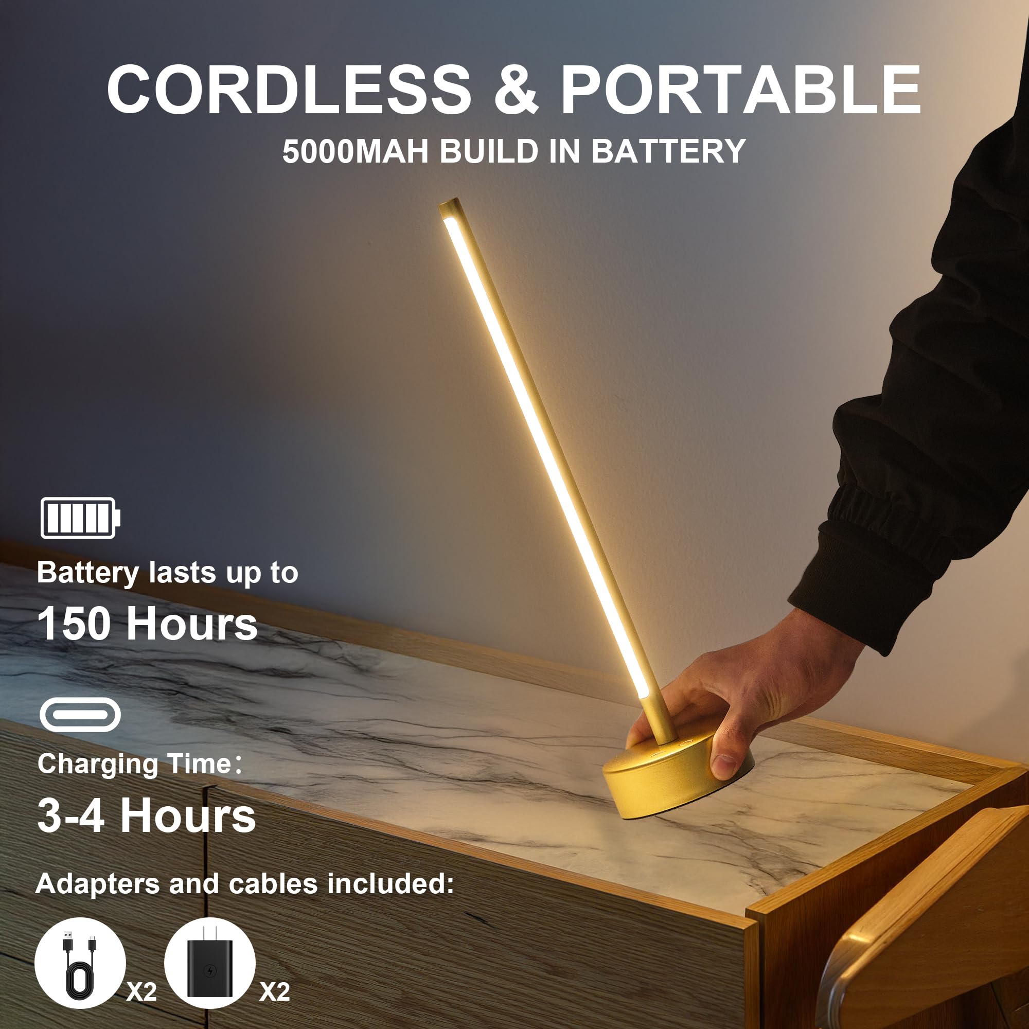 KARTOOSH Cordless LED Table Lamp Set, Dimmable 3 Color, 16.9" Gold, Battery Operated, Modern Design, 2 Pack, Model RS327BGD