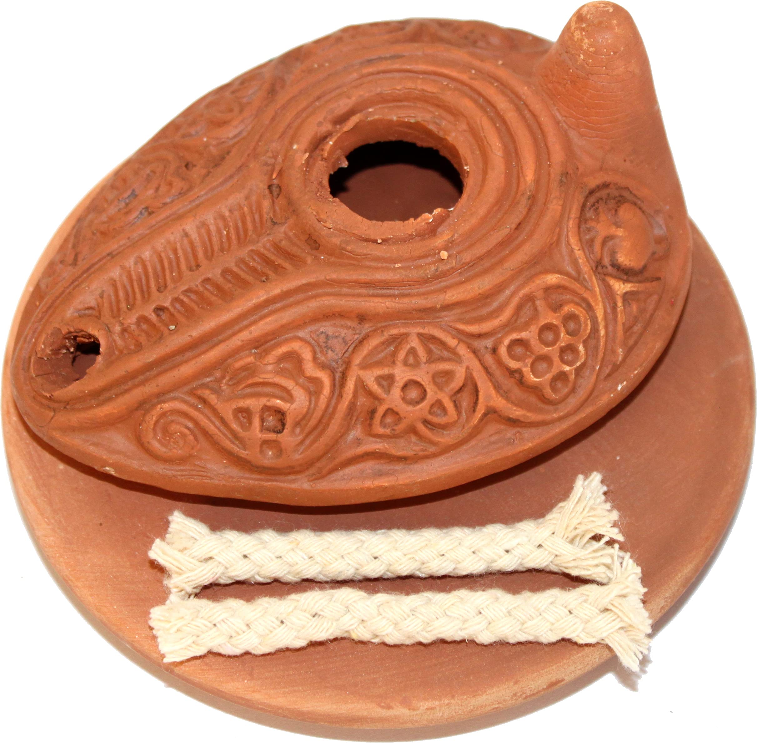 Holy Land Market Ancient Biblical Oil Lamp Replica - Clay, 4 in, Byzantine I with Plate, Model B0048LX7O8