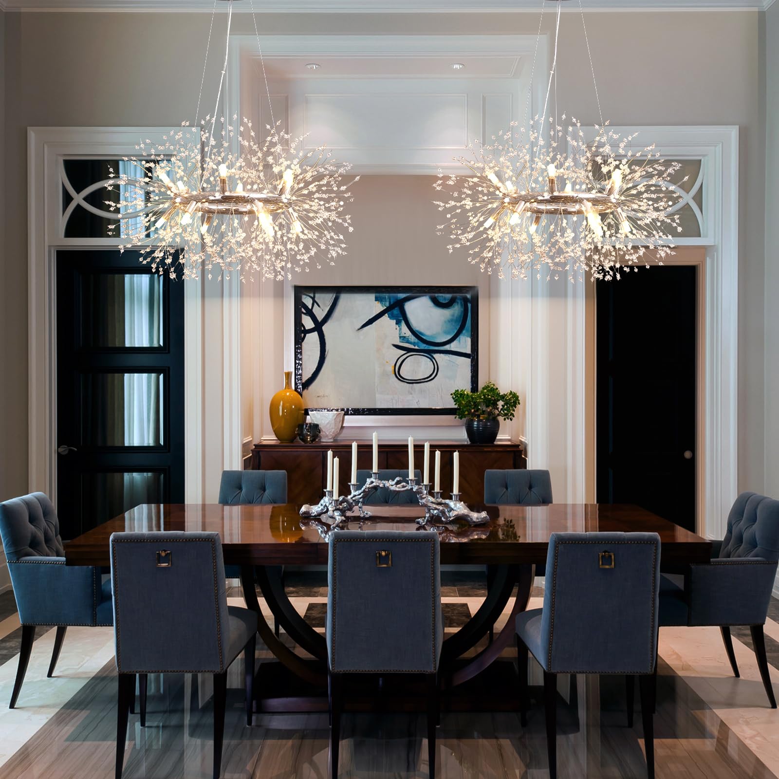 Huoku Modern Crystal Dandelion Chandelier, 12-Light (Bulb Included) Chrome Firework Dining Room Light Fixtures, Round Hanging Pe