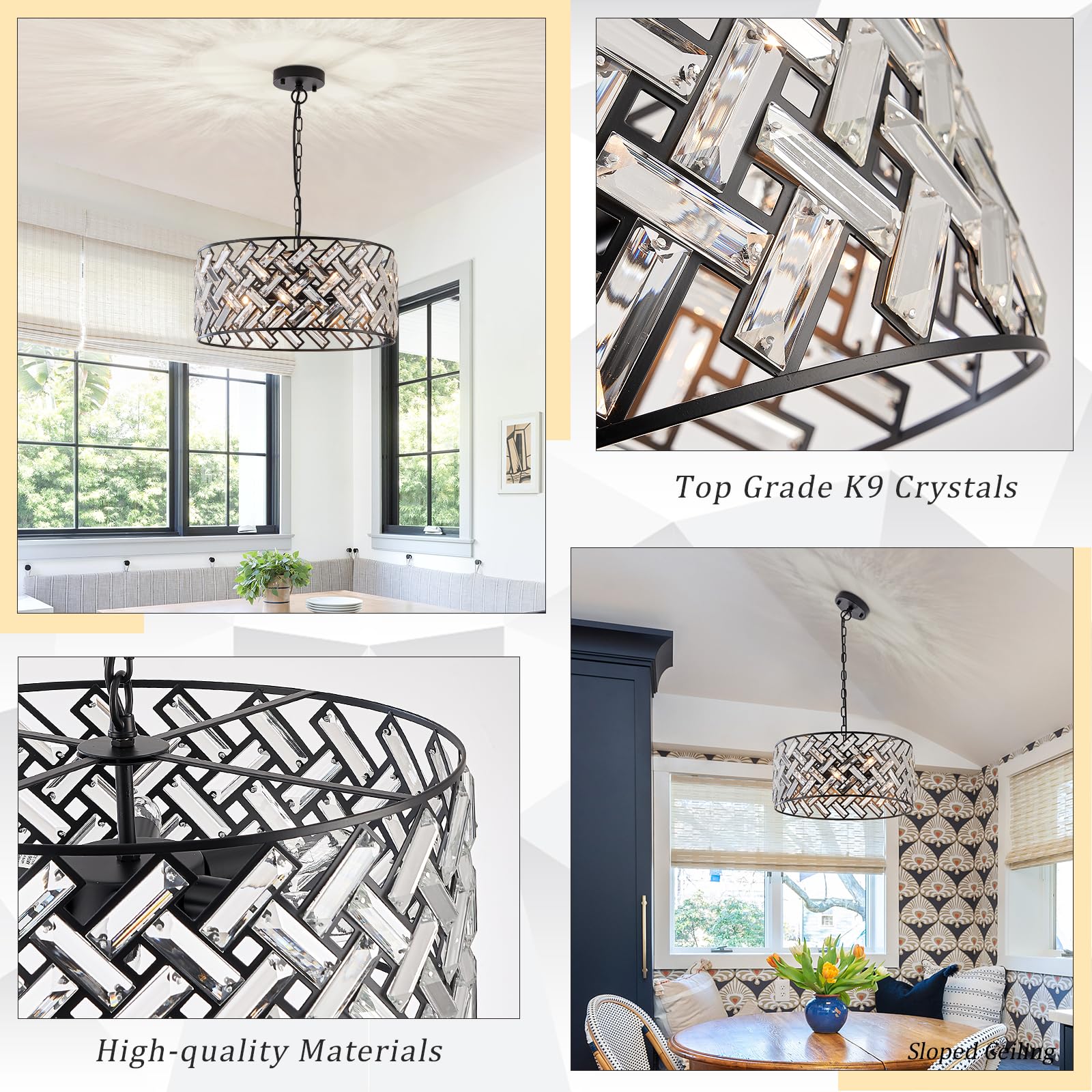 CATINER Black Modern 18" Crystal Chandelier, 6-Light Semi Flush Mount, Metal Drum Shade for Kitchen, Dining Room, Bedroom, Hallway