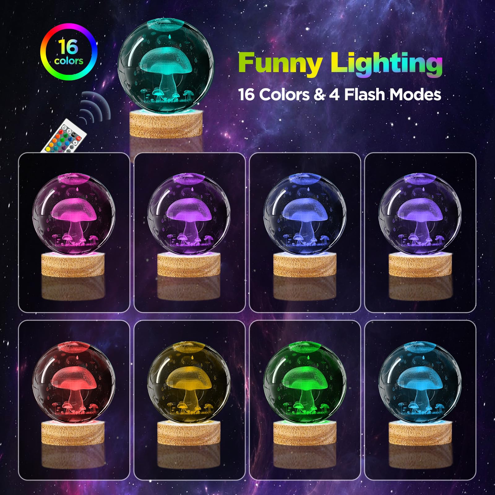 3D Mushroom Crystal Ball Night Light 3.15 Inch Mushroom Glass Ball Lamp With 16 Color Changing Wooden Base And Remote Ideal Gifts For Kids Friends Birthday Christmas Cute Mushroom Room Table Decor