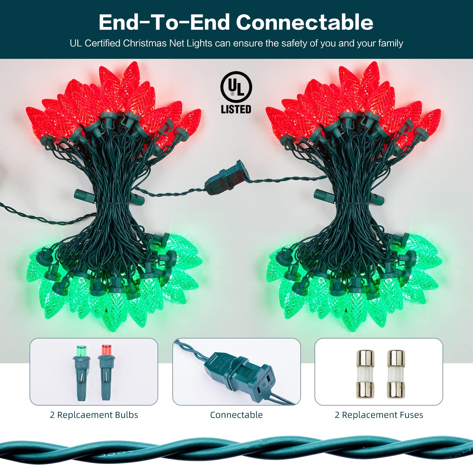 Dirnun C9 LED Christmas Lights Outdoor 50LED 33ft Red and Green Commercial Grade for Holiday Decorations