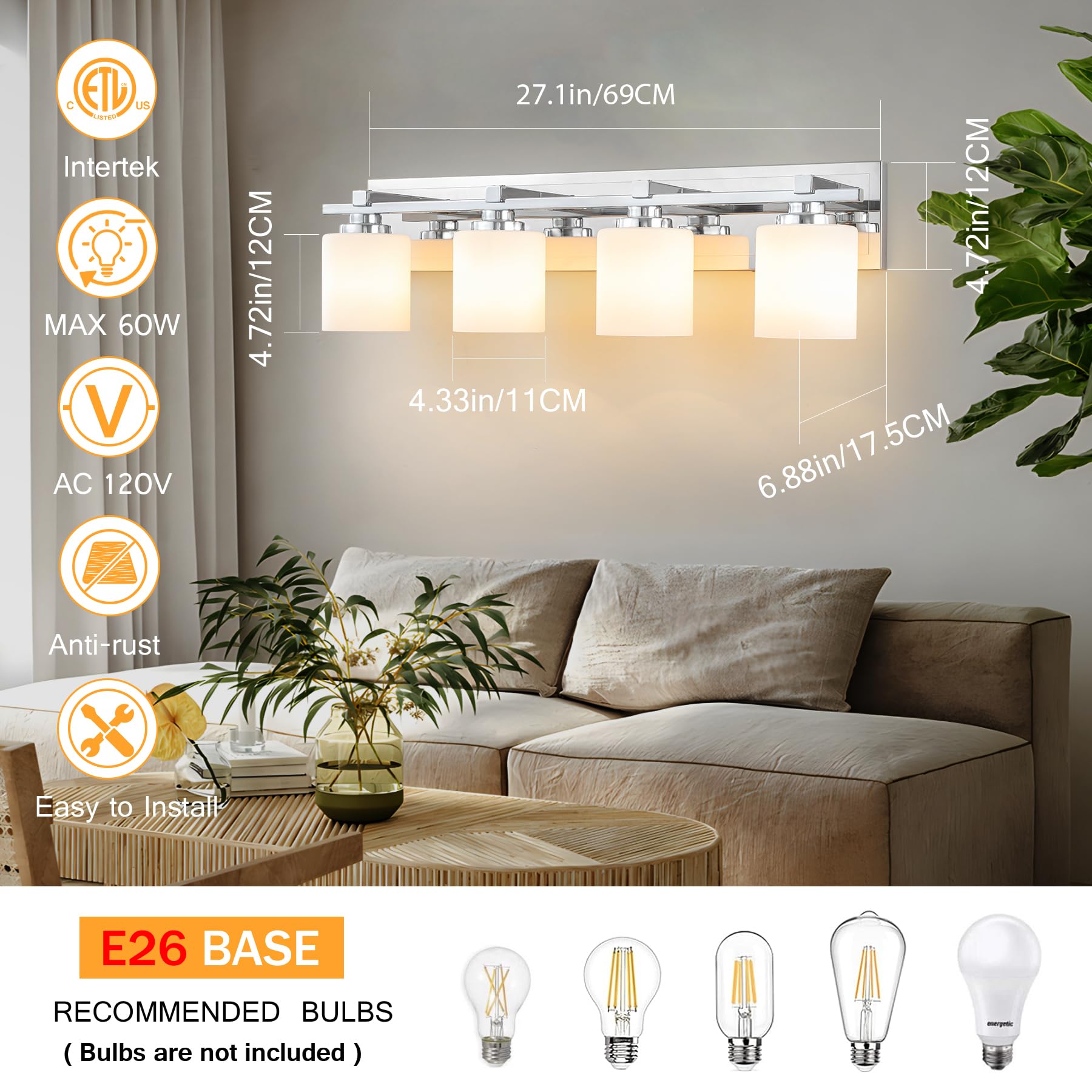 BrkNit 4-Light Bathroom Light Fixtures, Chrome Metal Vanity Lights with Milky White Glass Shades, Model J0057-3