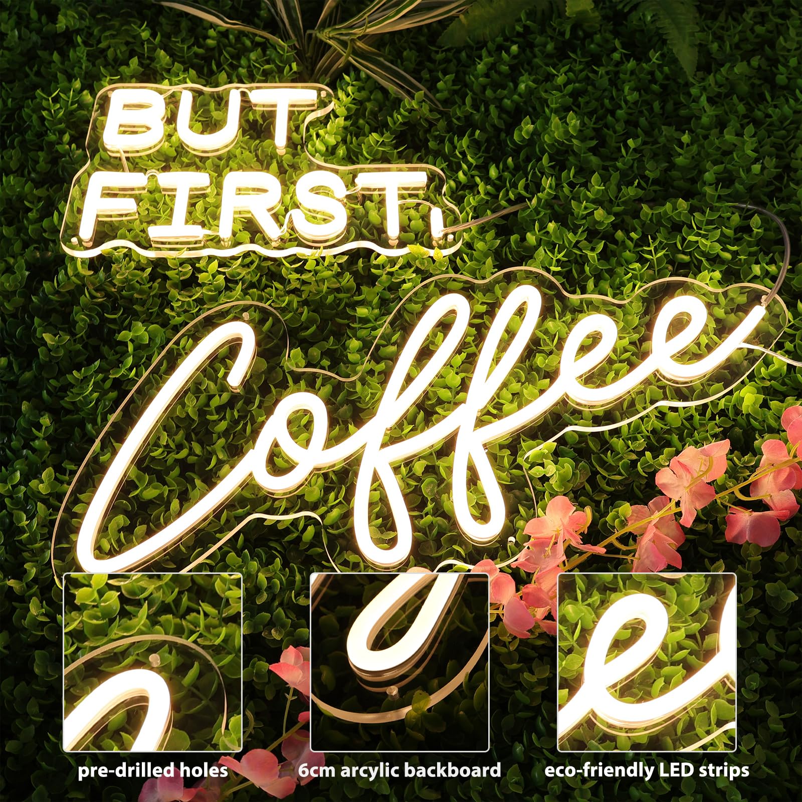 MinIeoh Neon Sign - But First Coffee - Dimmable Warm White LED - 17x16in - Silicone - Model FTNHD-BFCOFFEE