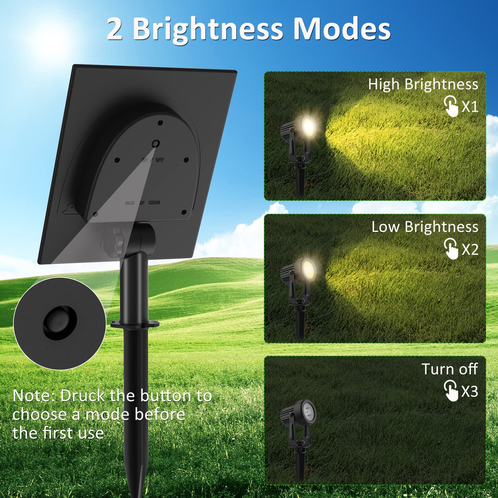 T-SUNUS Solar Garden Spotlight, 4-in-1, IP65 Waterproof, 5W Solar Panel, Auto On/Off, Warm White 3000K, Yellow