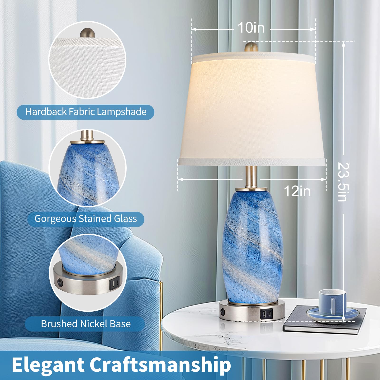 Table Lamps Set Of 2, 3-Way Lighting Modes Modern Table Lamps For Bedroom, Blue Bedside Lamps With Usb C+A, Glass Nightstand Lamps, 23.5" Table Lamps For Living Room Bedroom Decoration