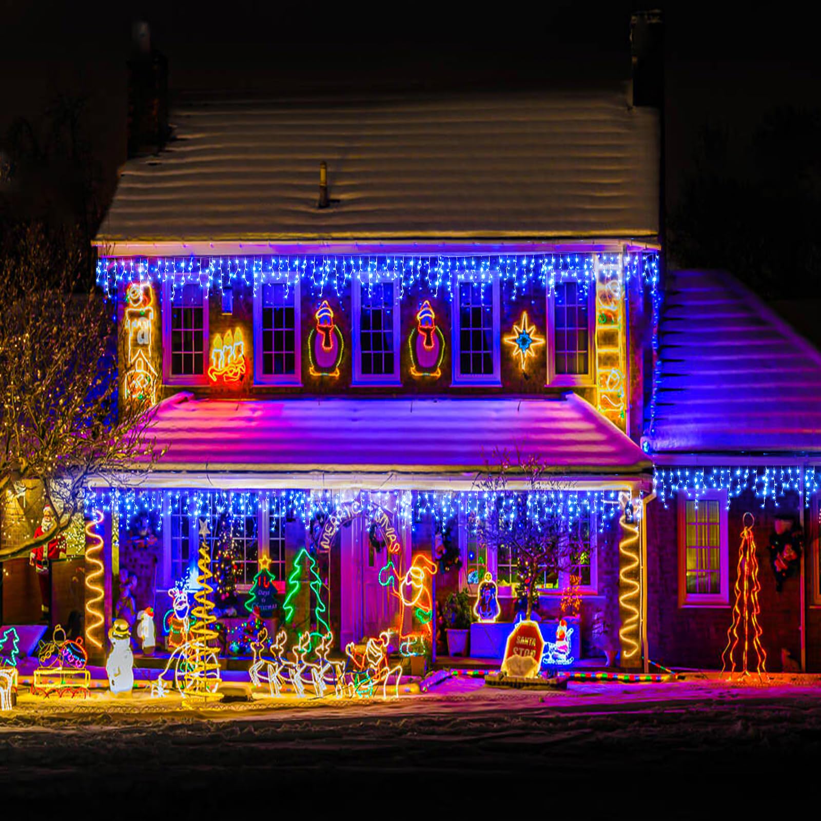 Nielfoi Icicle Lights Outdoor - 66ft 640LED Waterproof String Lights, 120 Drops, 8 Modes, Blue