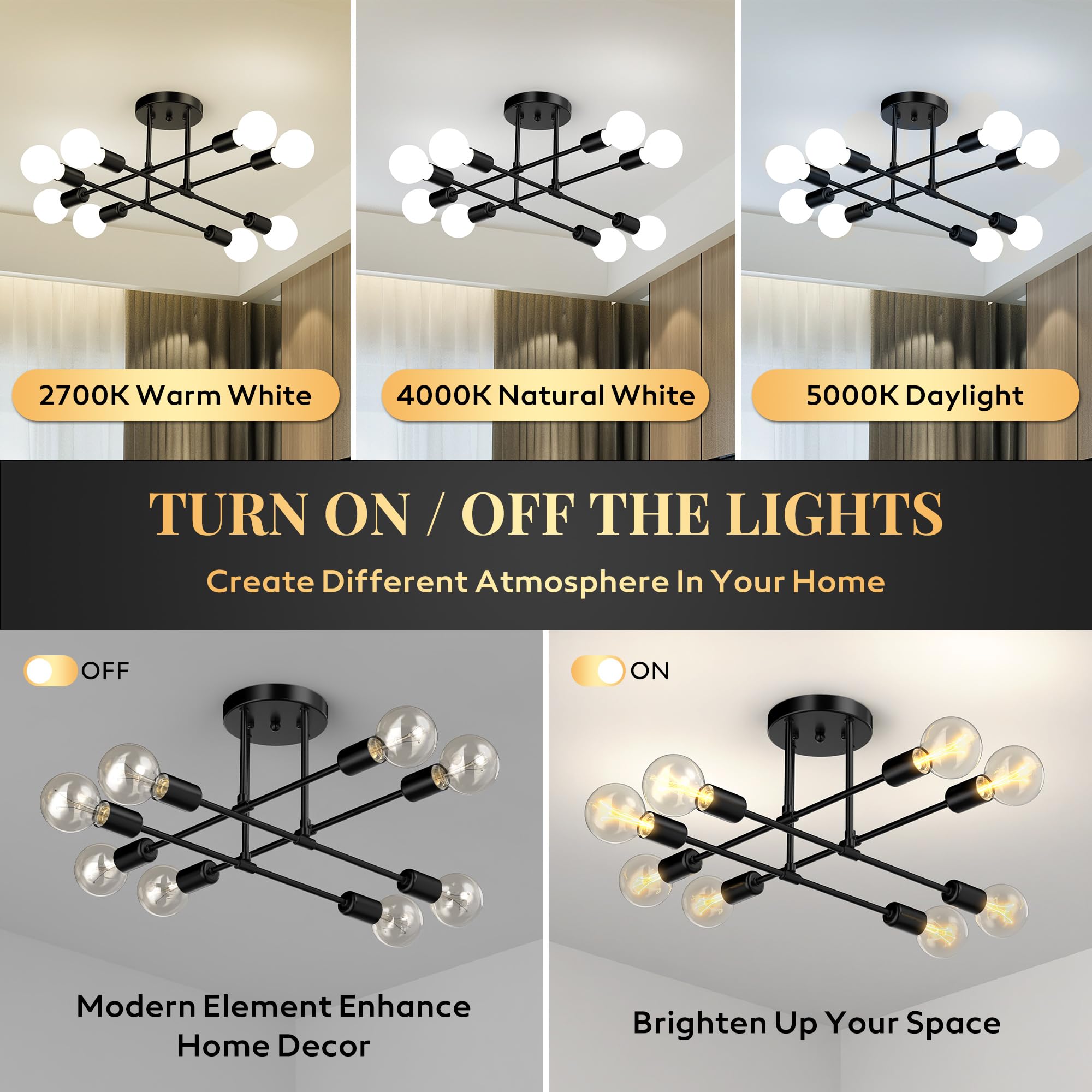 Phaosio Modern Sputnik Chandelier Ceiling Light Fixtures, 8-Lights Mid Century Industrial Metal Semi Flush Mount For Dining Room