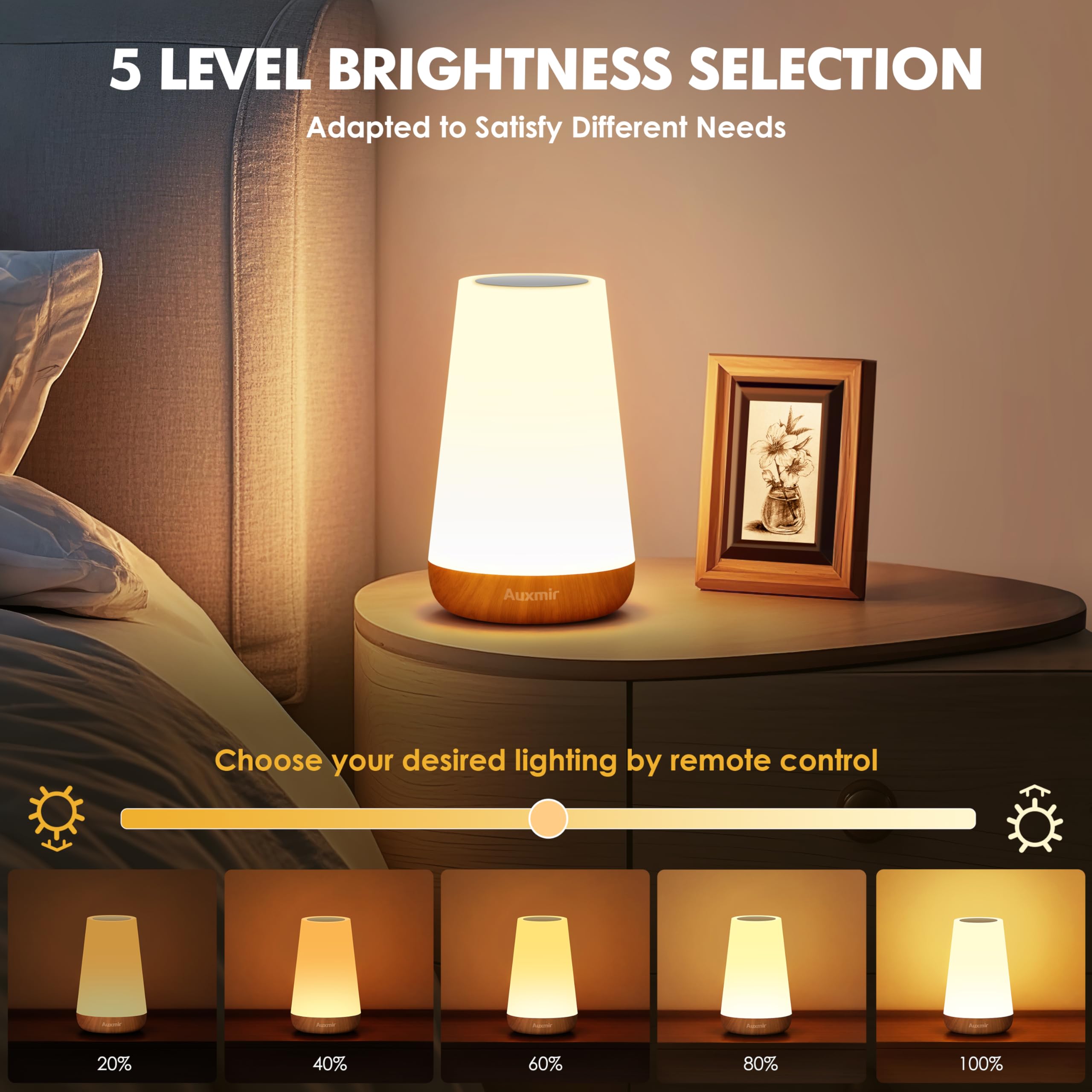 Auxmir LED Night Light Table Lamp - Touch & Remote Control, 13 RGB Colors, 5 Brightness Levels, Rechargeable, Light Brown, Model M4