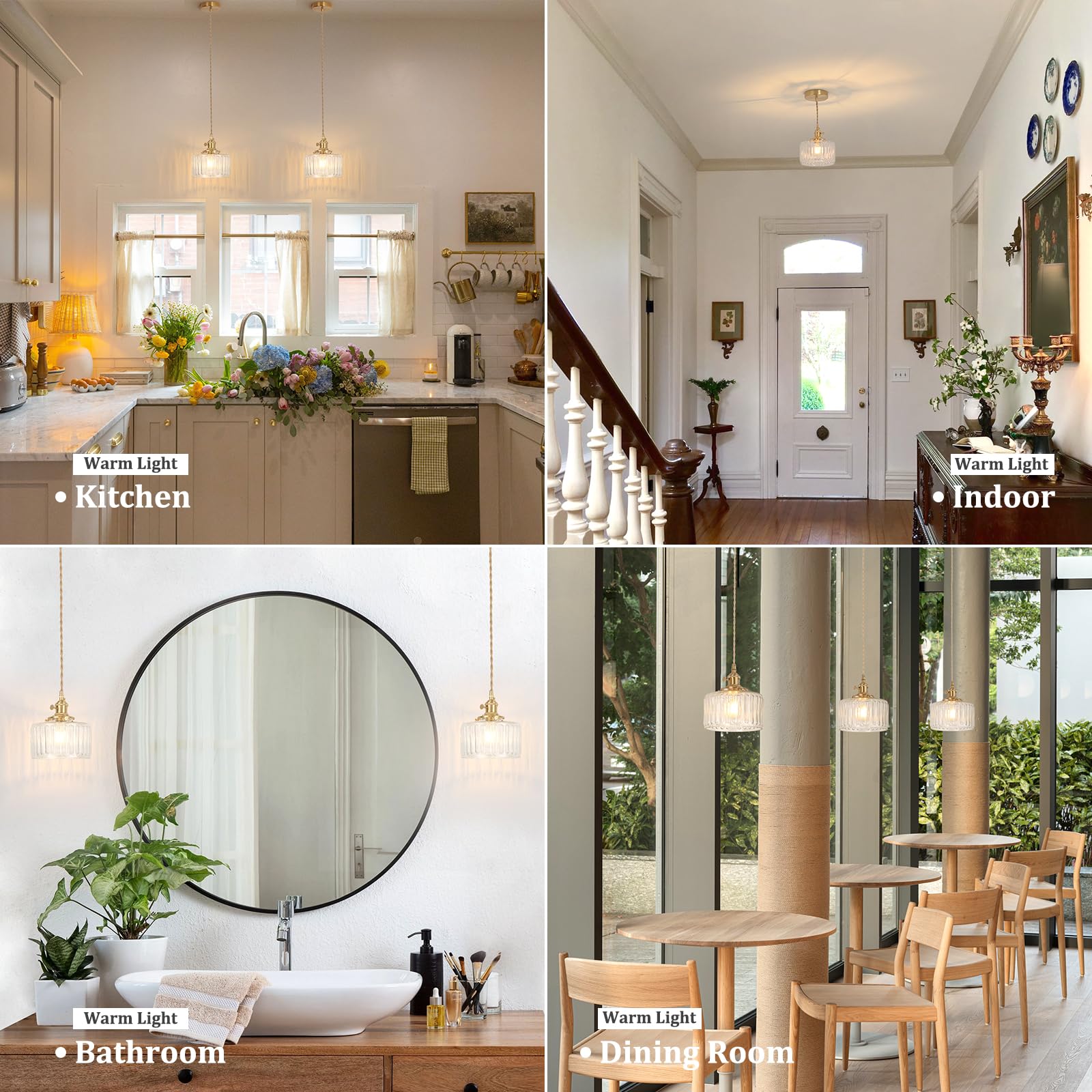 Shenmoyl Pendant Light 2 Pack - Adjustable Brass Vintage Hanging Light with Clear Striped Glass Shade for Kitchen Island, Dining Room, Hallway