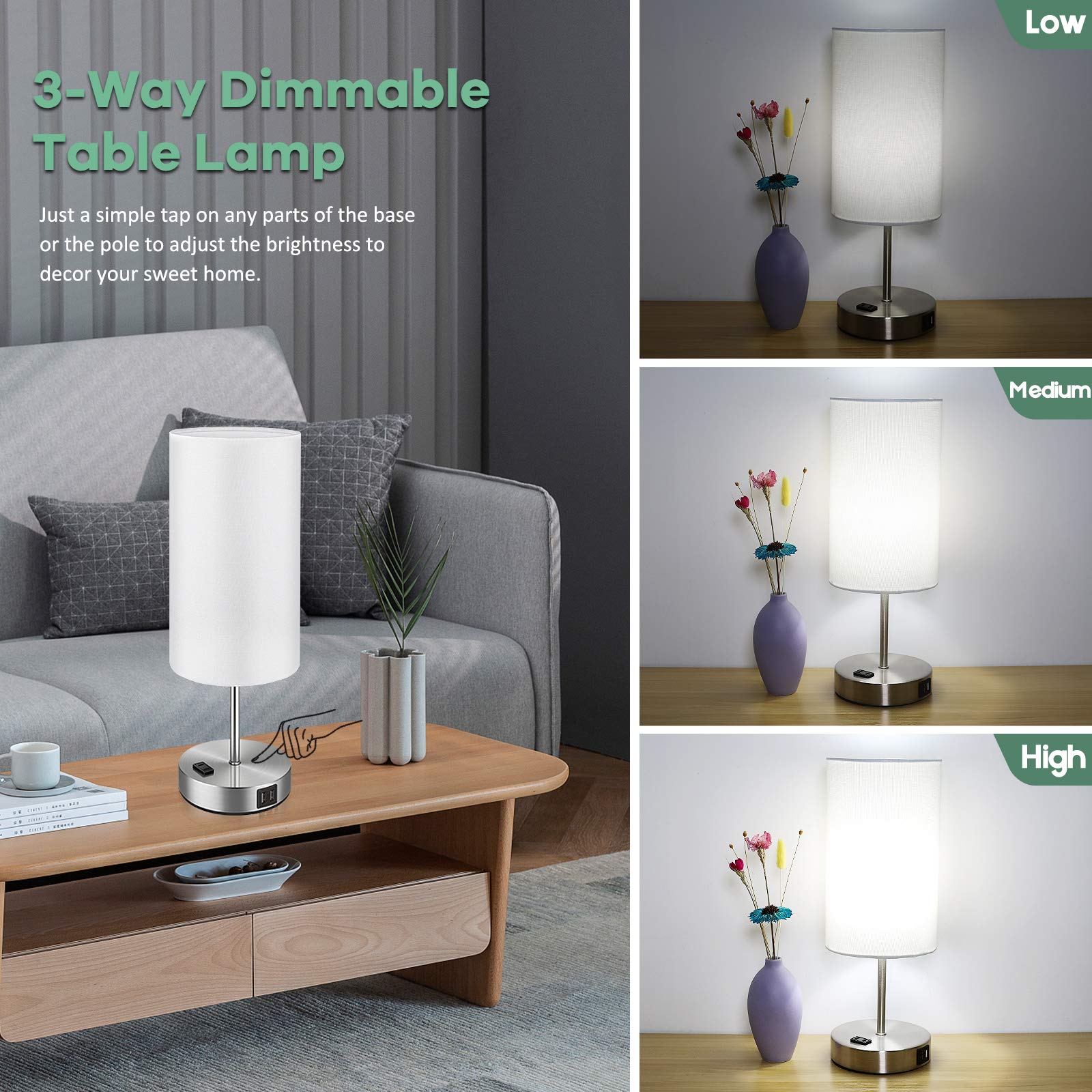 Brightever Set of 2 Touch Control Table Lamps, 3-Way Dimmable, USB & AC Outlet, White Fabric Shade, Model ST0001-WH