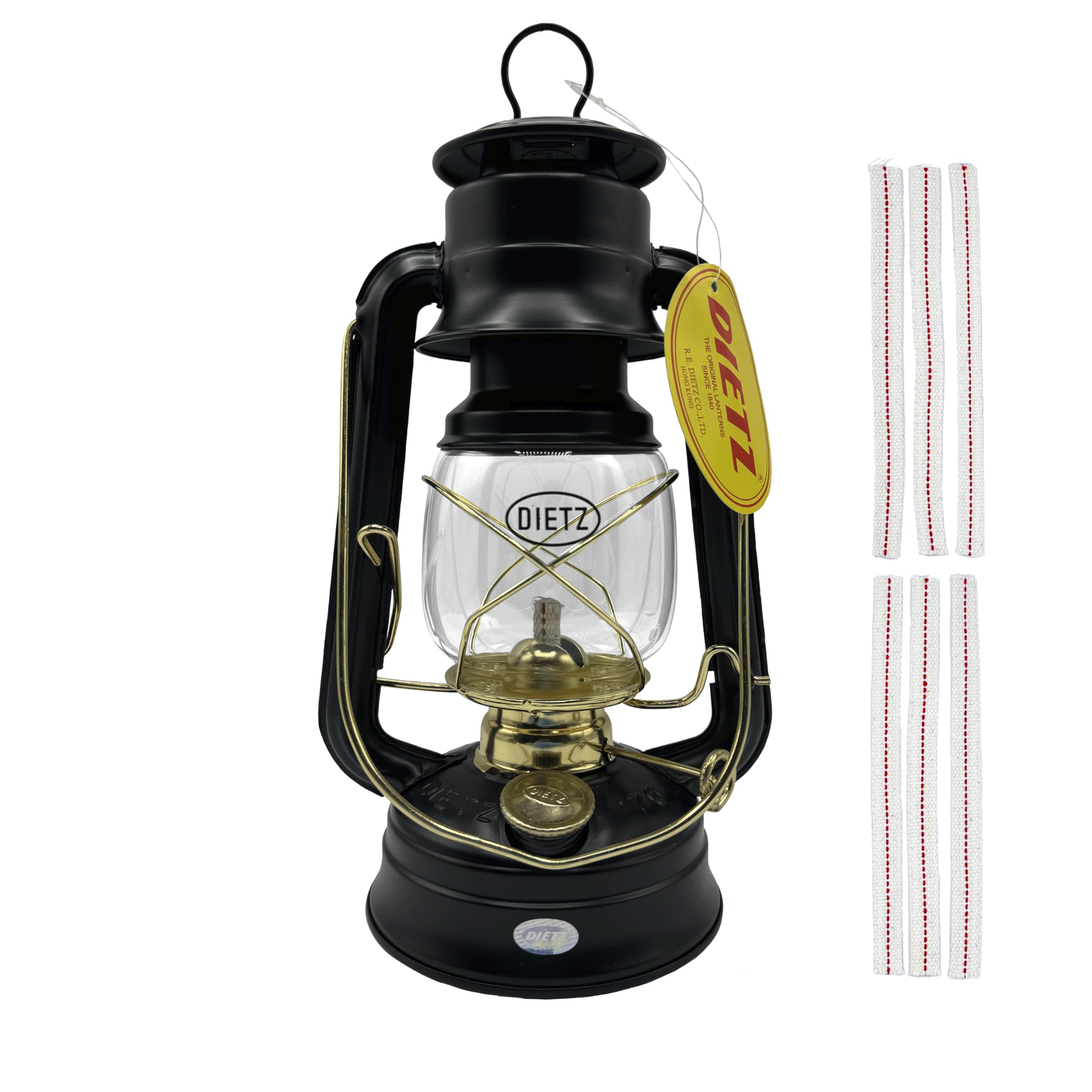 LIGHT OF MINE Oil Lantern - Dietz #76 Original, Black with Gold Trim, Metal, Replacement Wick Strips Included