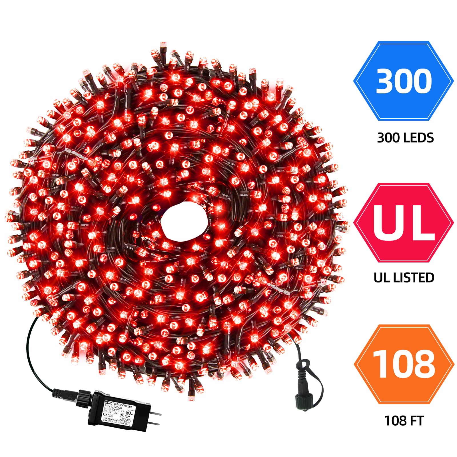 MZD8391 105FT 300LED Christmas Lights, Red, Copper, 8 Modes, UL Listed, Indoor/Outdoor Party Decoration