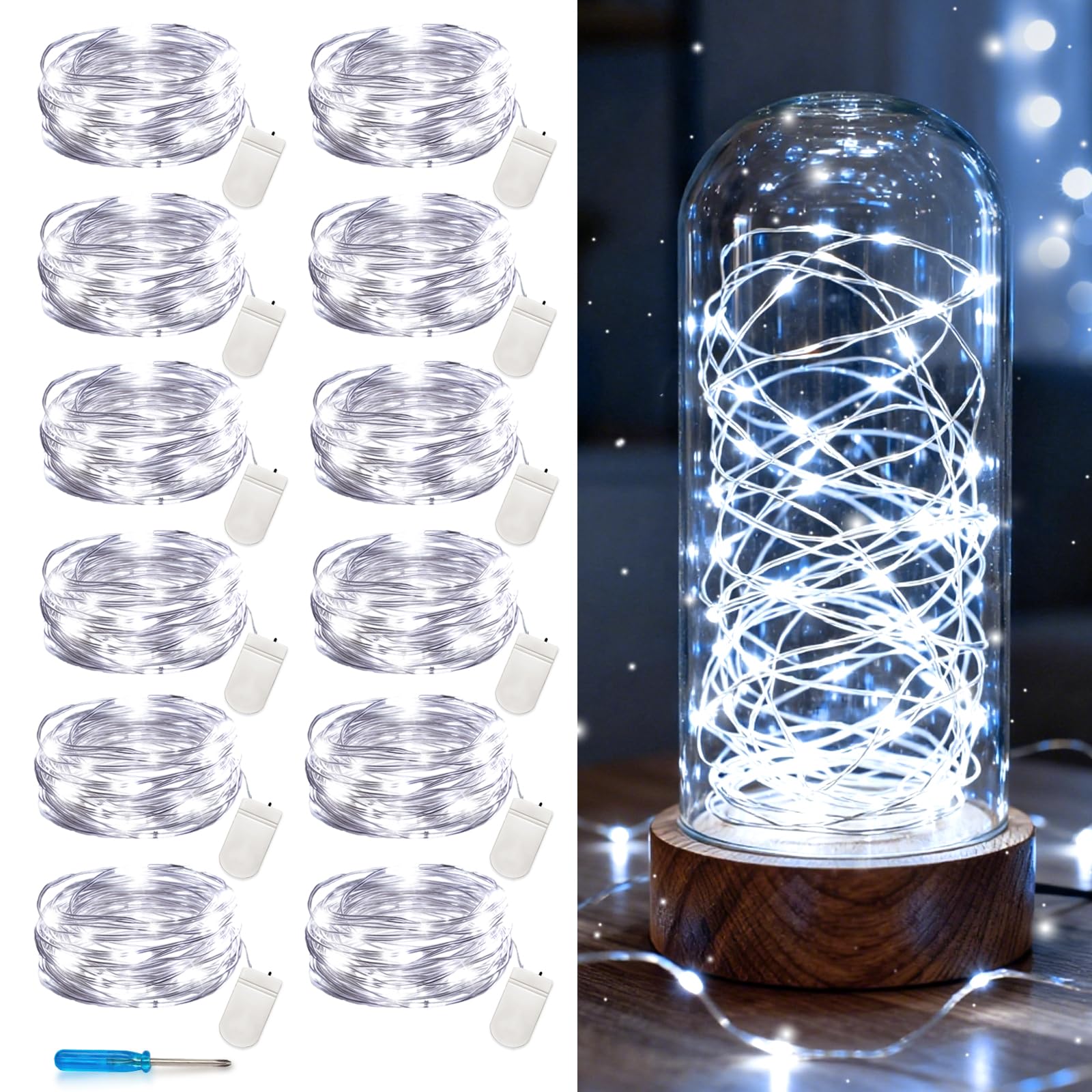 VOOKRY Fairy Lights 12 Pack, 30 LEDs Mini Starry String Lights, 10 ft Silvery Copper Wire, Cool White, Model PTUX-CR2032