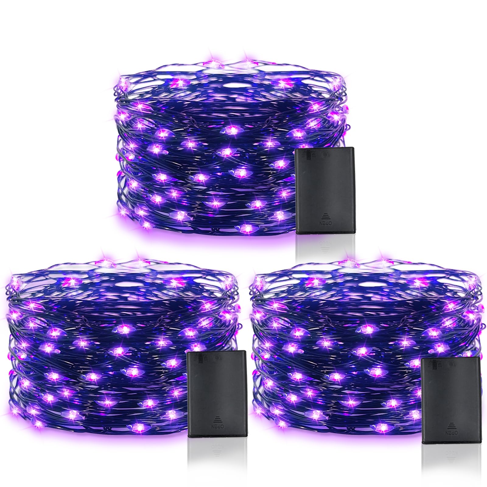 TURNMEON 3 Set Halloween String Lights with Timer, Purple Battery Powered Copper Wire Fairy Lights, Halloween Decoration Outside Yard Party Home Indoor Outdoor, 10 Ft 30 LED Each