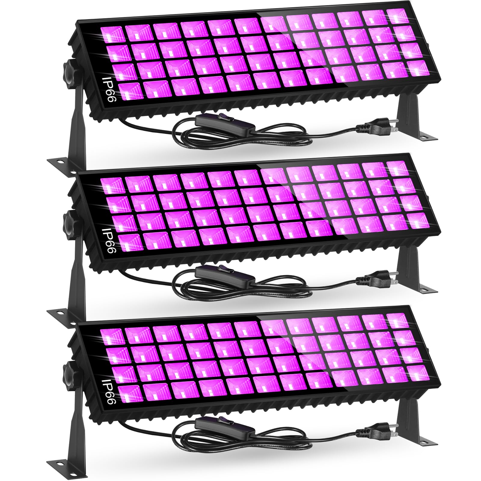TigQiang 100W Black Light Bar, 105 LEDs, 3 Pack with Switch & 5ft Cord, Aluminum, Ideal for Glow in the Dark Party & Stage Lighting