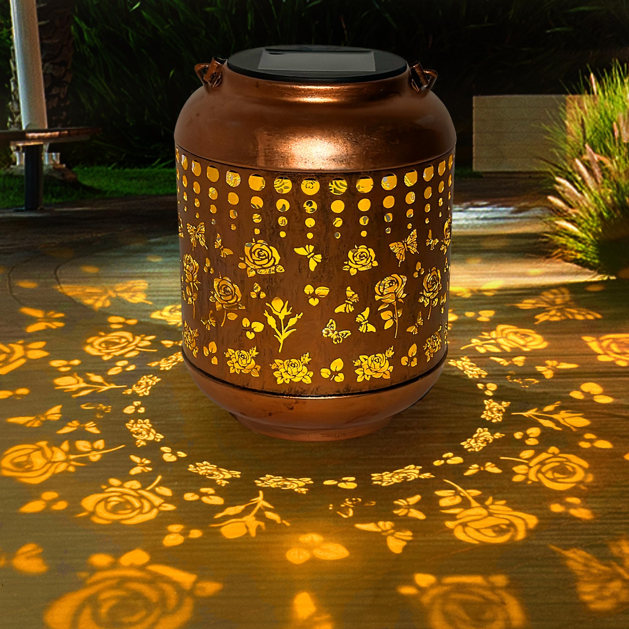 anytalk Solar Lantern - Waterproof Hanging Garden Decor, Iron, Rose, Model Deco&Dot-Lantern B