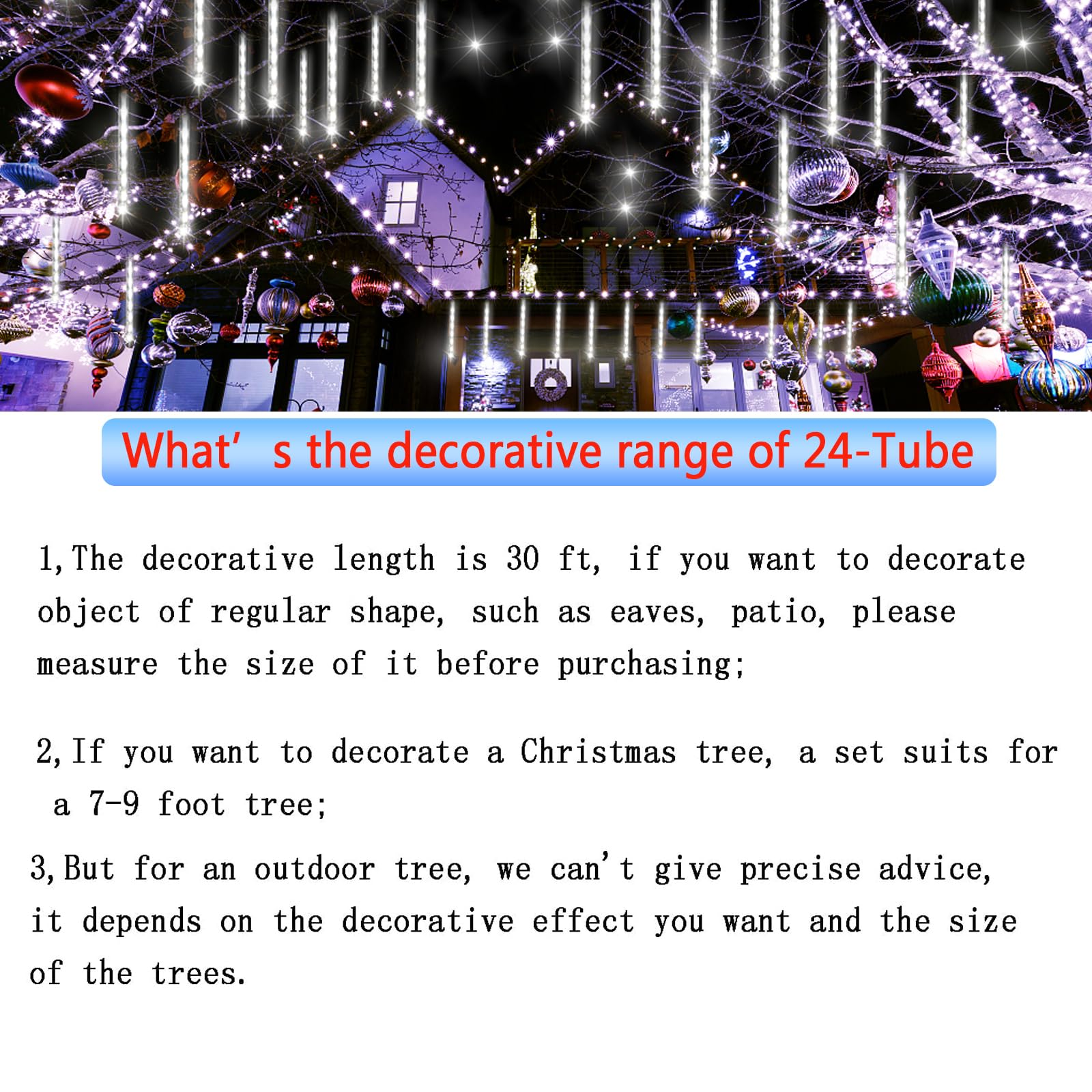 Purtuemy Outdoor Christmas Lights: 24Tubes(Equivalent To 3 Sets Of 8-Tubes) Meteor Shower Lights Icicle White Christmas Lights O