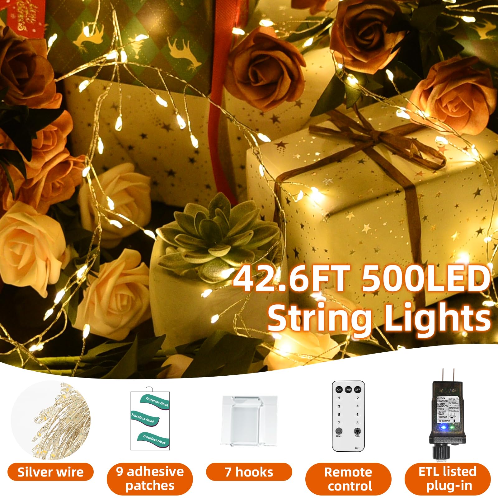 Dailyart 500 LED Fairy Lights, Silver Wire, Warm White, Remote & Timer, Waterproof, 42Ft for Indoor/Outdoor Wedding Decor