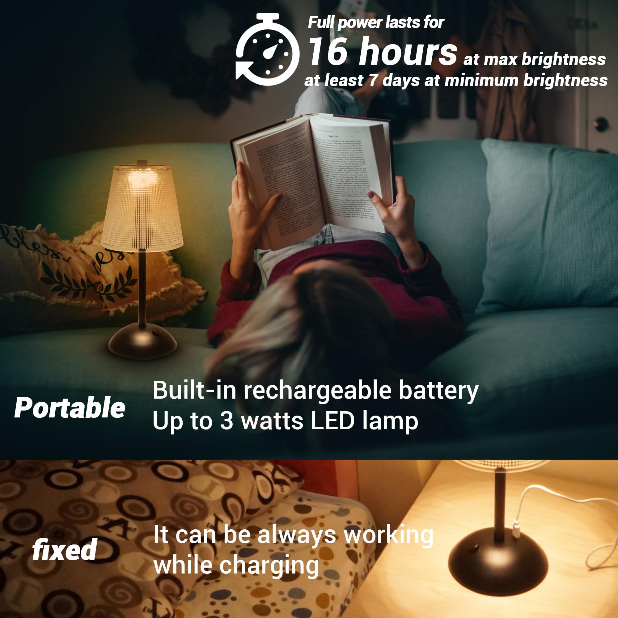 Amingulry Cordless Rechargeable Table Lamp, 3 Color Modes, Dimmable Led, Black Metal