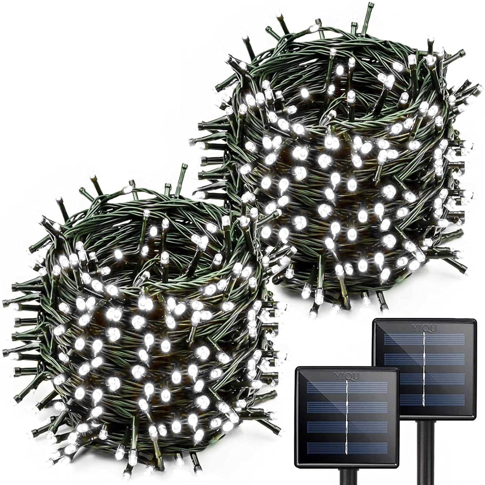 YIQU Solar String Lights 200 LED Waterproof Green Wire 72ft 2-Pack Cool White Lighting for Garden Patio Party Wedding