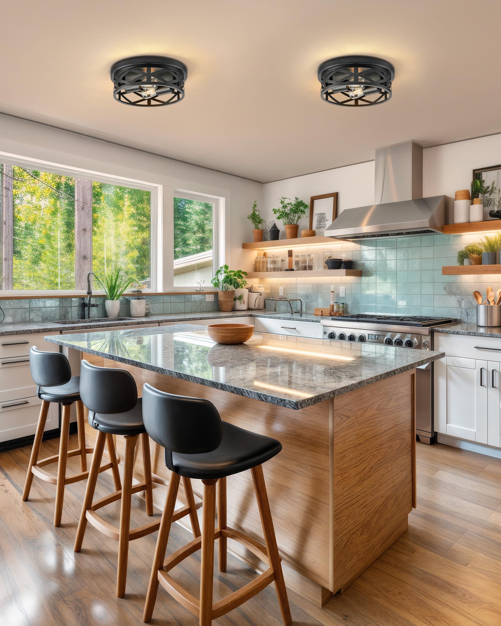 VONLUCE Ceiling Light, 2-Light Flush Mount Fixture, 11 Inch, Black Metal Cage, Adjustable Lamp Holders, 2 pcs