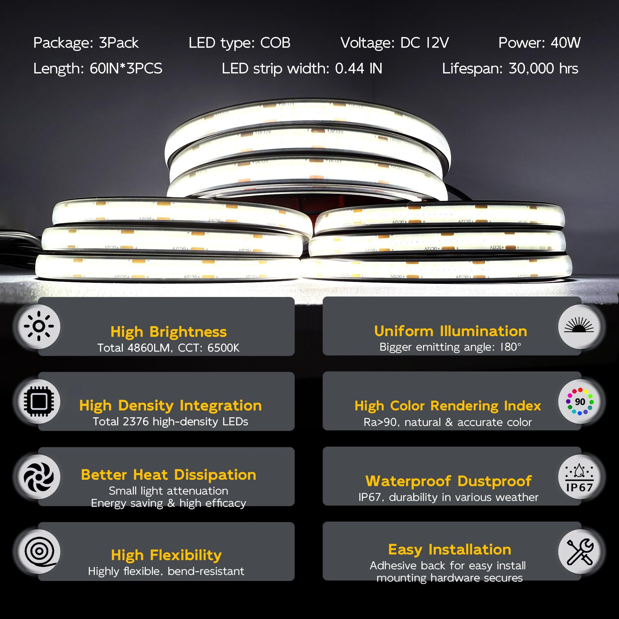 Canria Led Truck Bed Lights  60 Inches  3 Pack  Cob 2376 Leds  White 6500K 12V  41W  Ip67  With Switch  5A Fuse Holder  Easy Install  Ideal For Truck Cargo Lighting  Dc5521 Jack