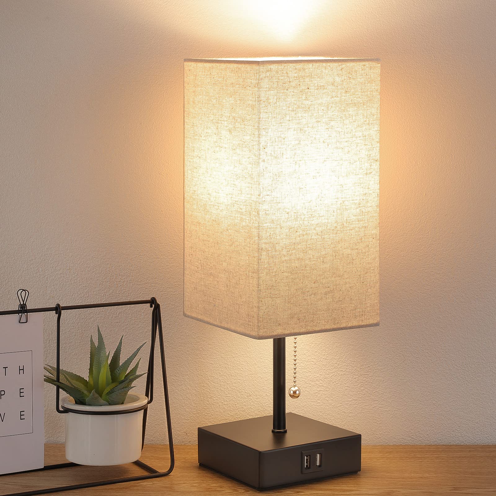 Ggoying Bedside Table Lamp, Pull Chain Table Lamp With 2 Usb Charging Ports, 2700K Led Bulb, Fabric Linen Lampshade, Nightstand