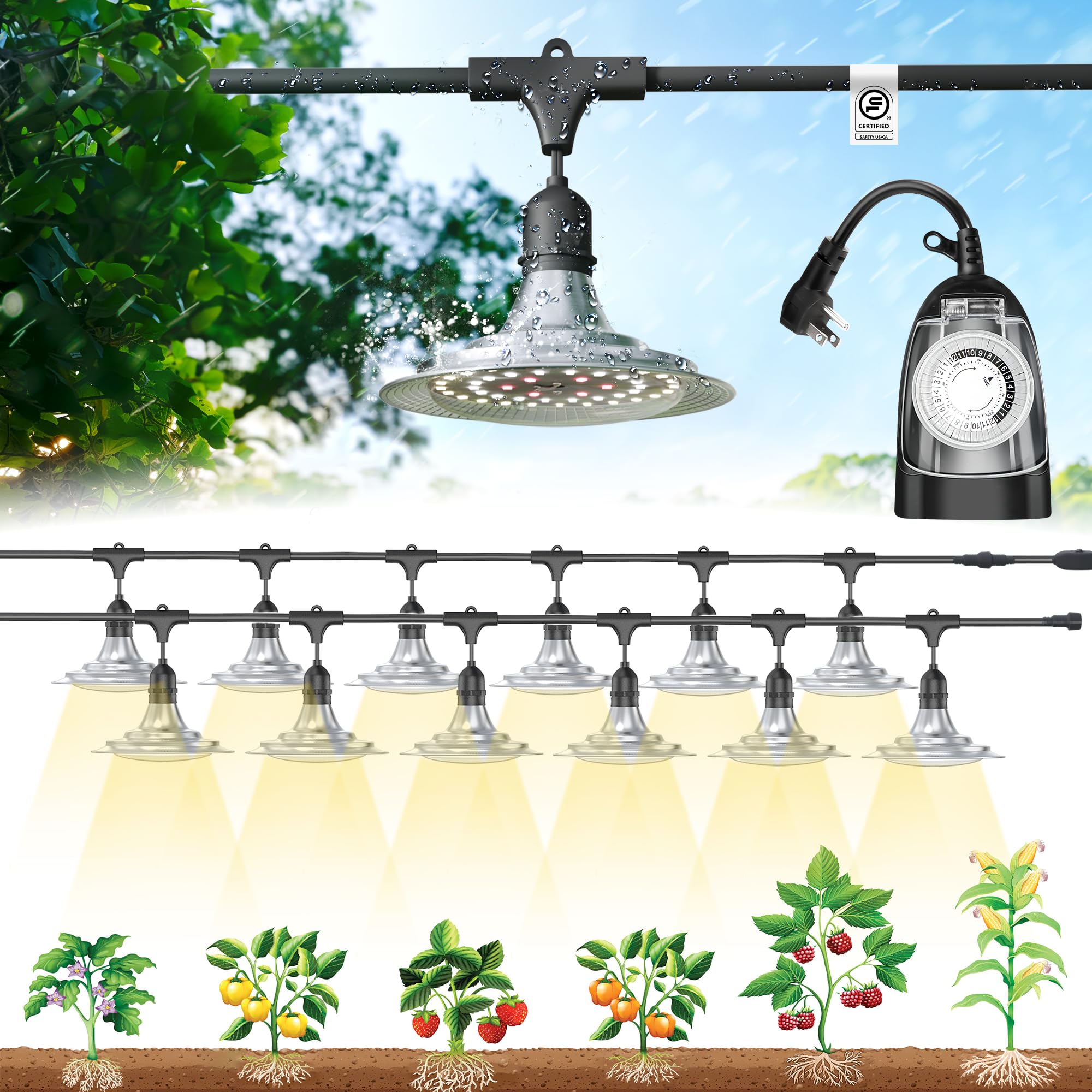 Everygrow Outdoor Grow Lights With Timer, Full Spectrum Greenhouse Grow Lights With Timer, Ip65 Waterproof String Grow Light Outdoor, Ul Certified Daisy Chain Led Grow Light, 41Ft