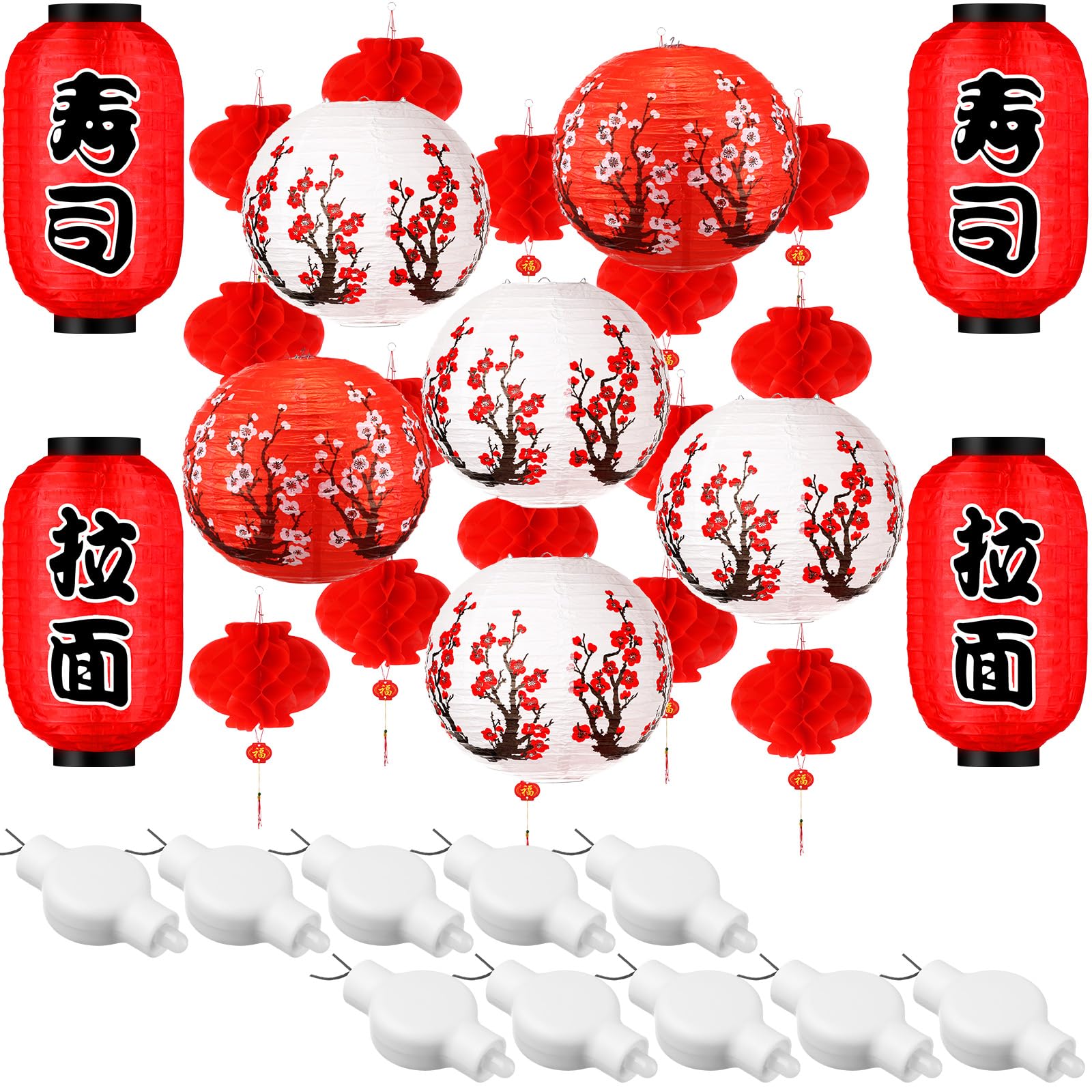 Tuanse 40 Pcs Japanese Chinese Paper Lanterns Decorations LED Cherry Blossom Chinese Red Paper Lantern Lights for Indoor Outdoor